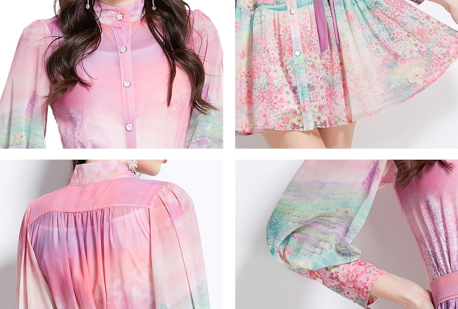 LAI MENG FIVE CATS Women's Floral Print Lantern Sleeve Ruffle Casual Button Belted Thin Loose Fit Mini Dress - Image 8