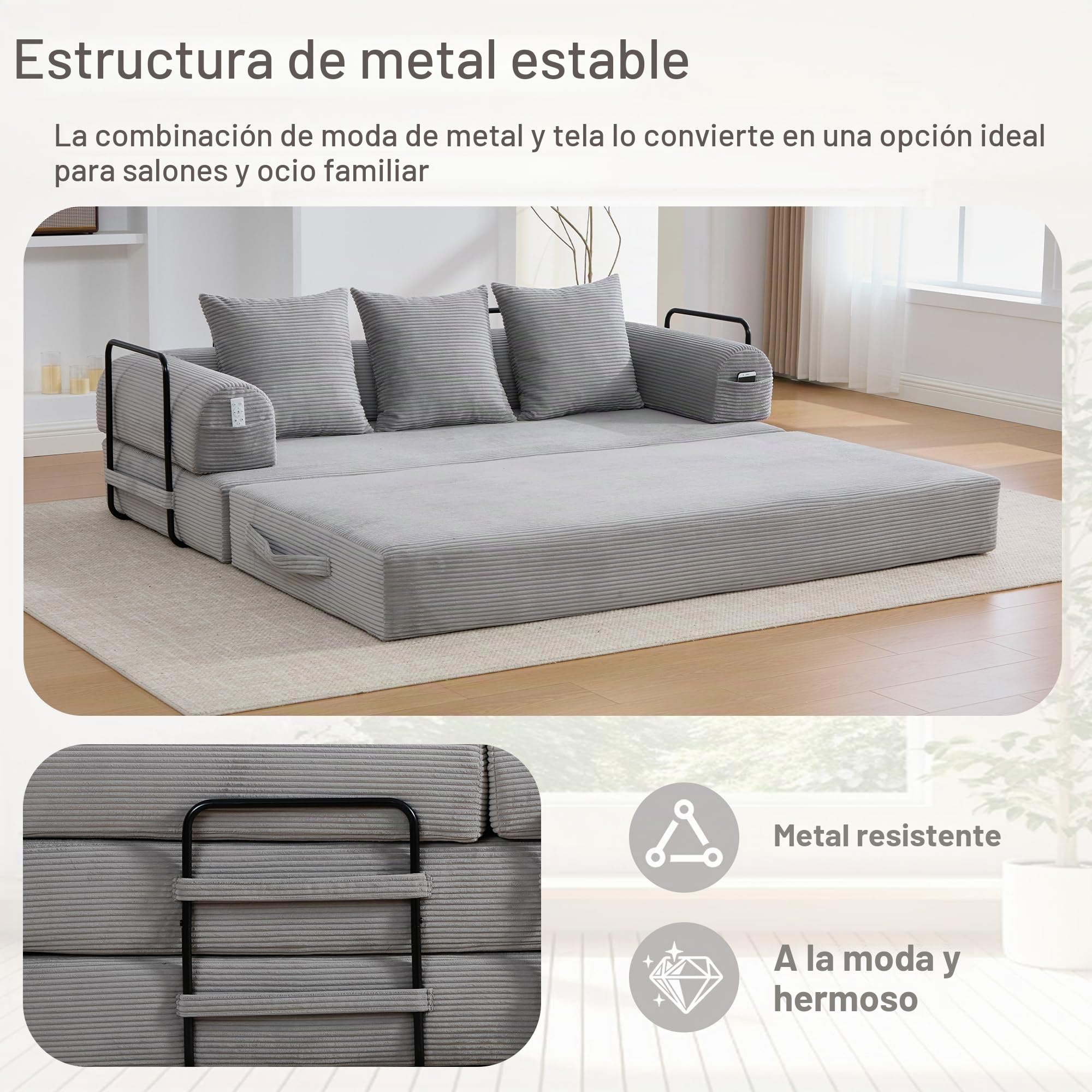 Sofá Cama Plegable con Respaldo y Almohada, Pana, Gris Claro | Para Salón Dormitorio, Sofá Matrimonio Convertible con Bolsa de Almacenamiento, Con Estructura de Metal y Reposabrazos