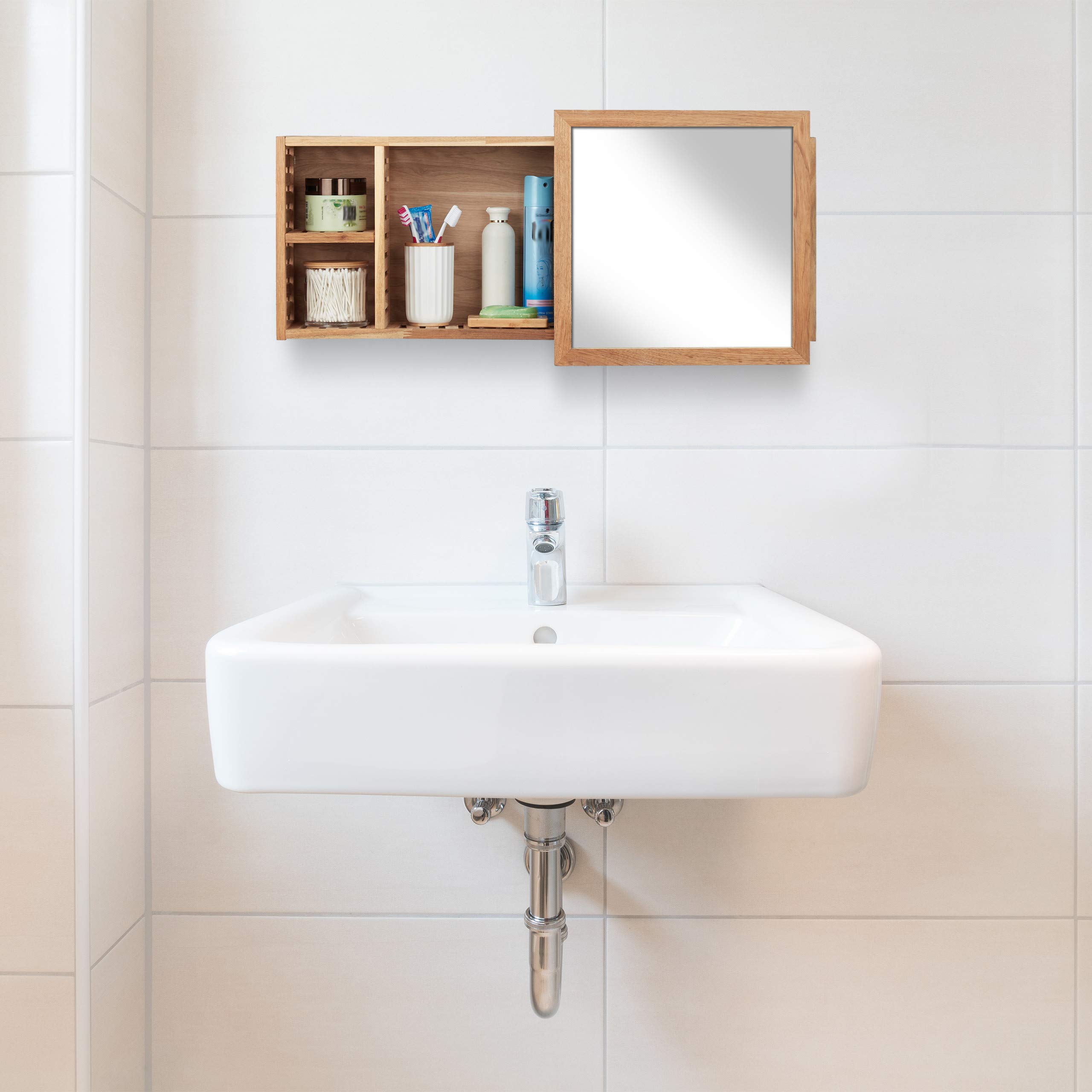 Relaxdays Etagère murale avec miroir coulissant salle de bain armoire bois de noyer huilé side board 80 cm de largeur, nature, 17x80x30 cm