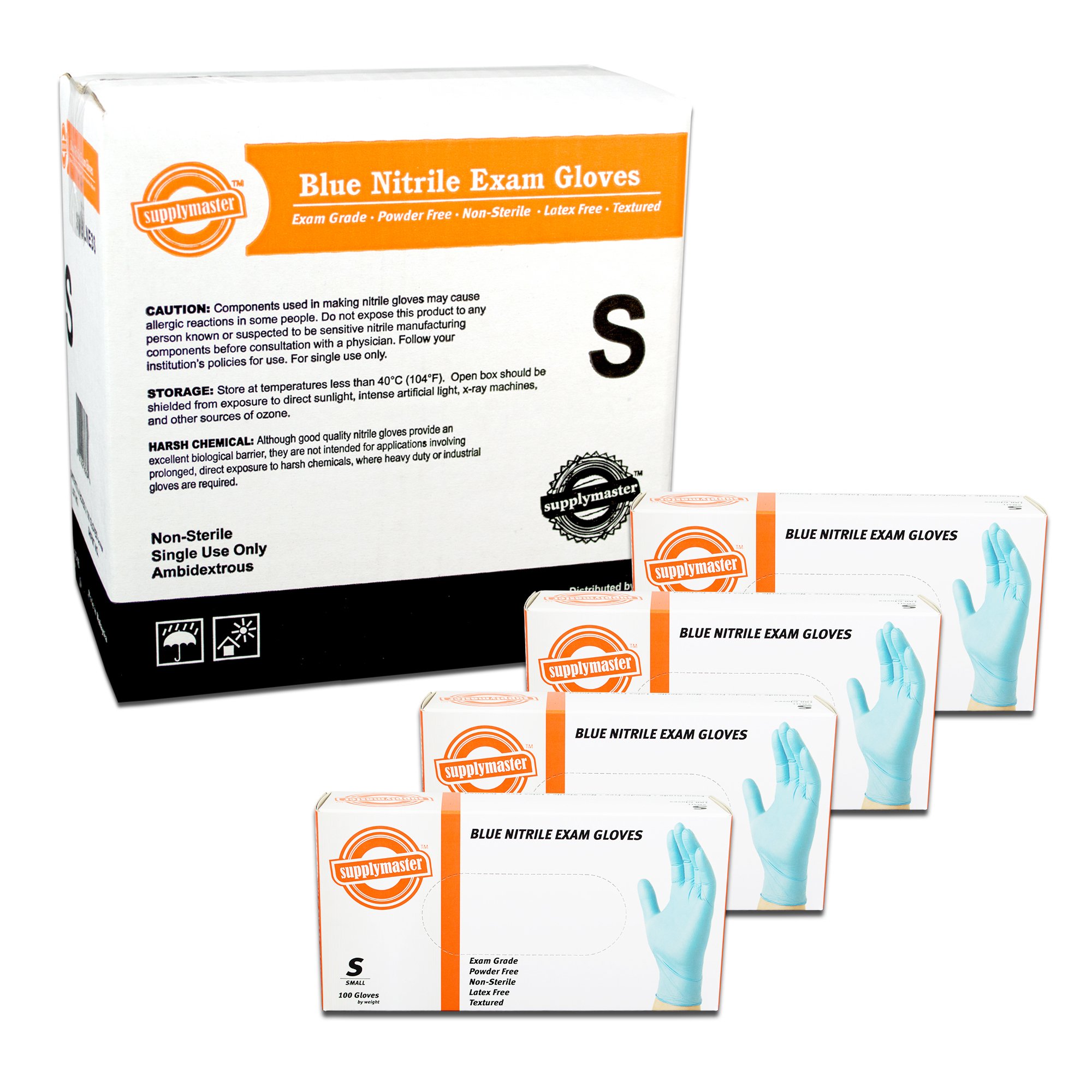 SupplyMaster Blue Nitrile Exam Disposable Gloves - 3 Mil, Powder Free, Non-Sterile, Latex Free, Textured, Ambidextrous, Small, Caseof 400