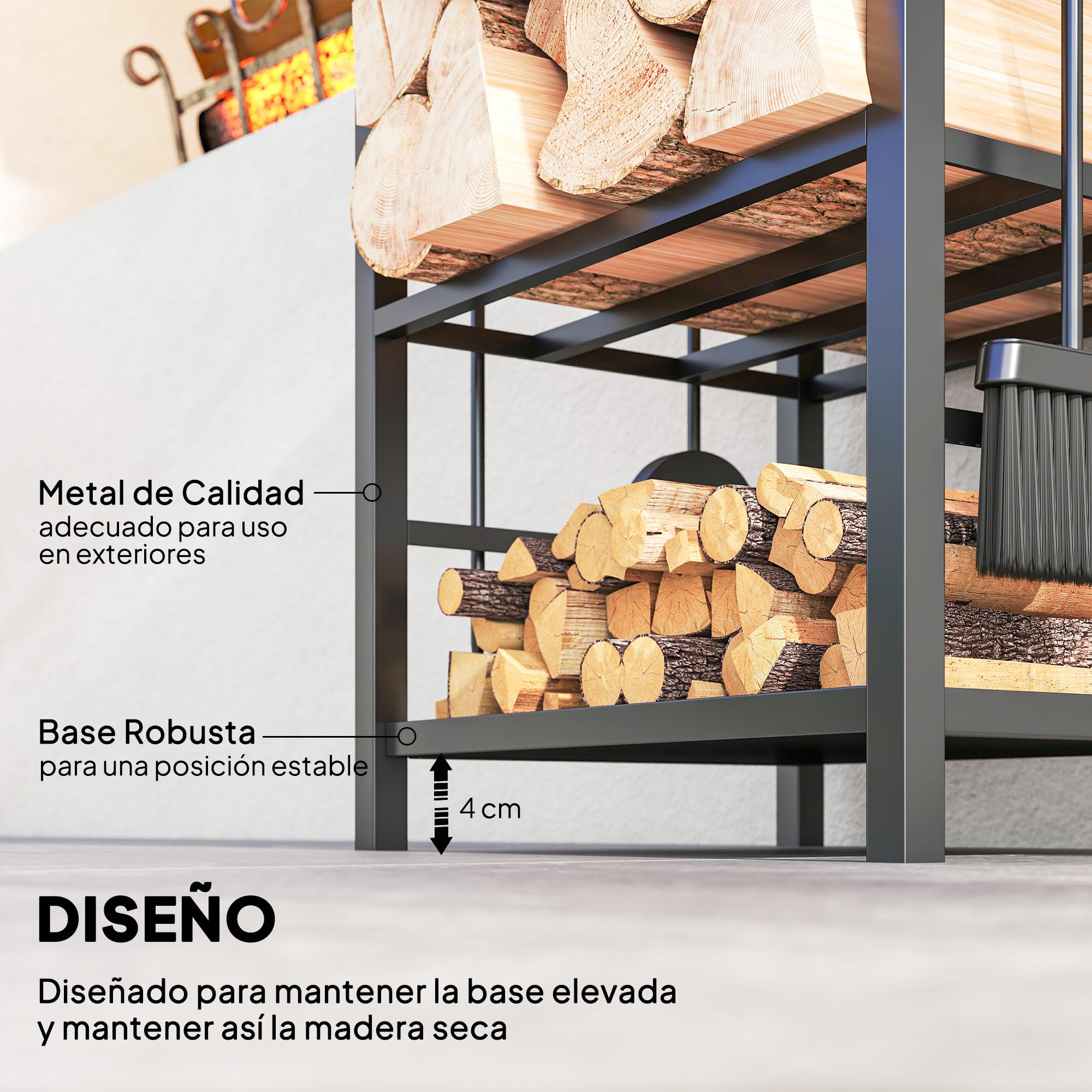 Outsunny Estante de Leña para chimenea Soporte para Leña de 2 Niveles Leñero Exterior e Interior Metálico con 4 Herramientas para Chimenea Carga Máx.100 kg 40x30x74,5 cm Negro