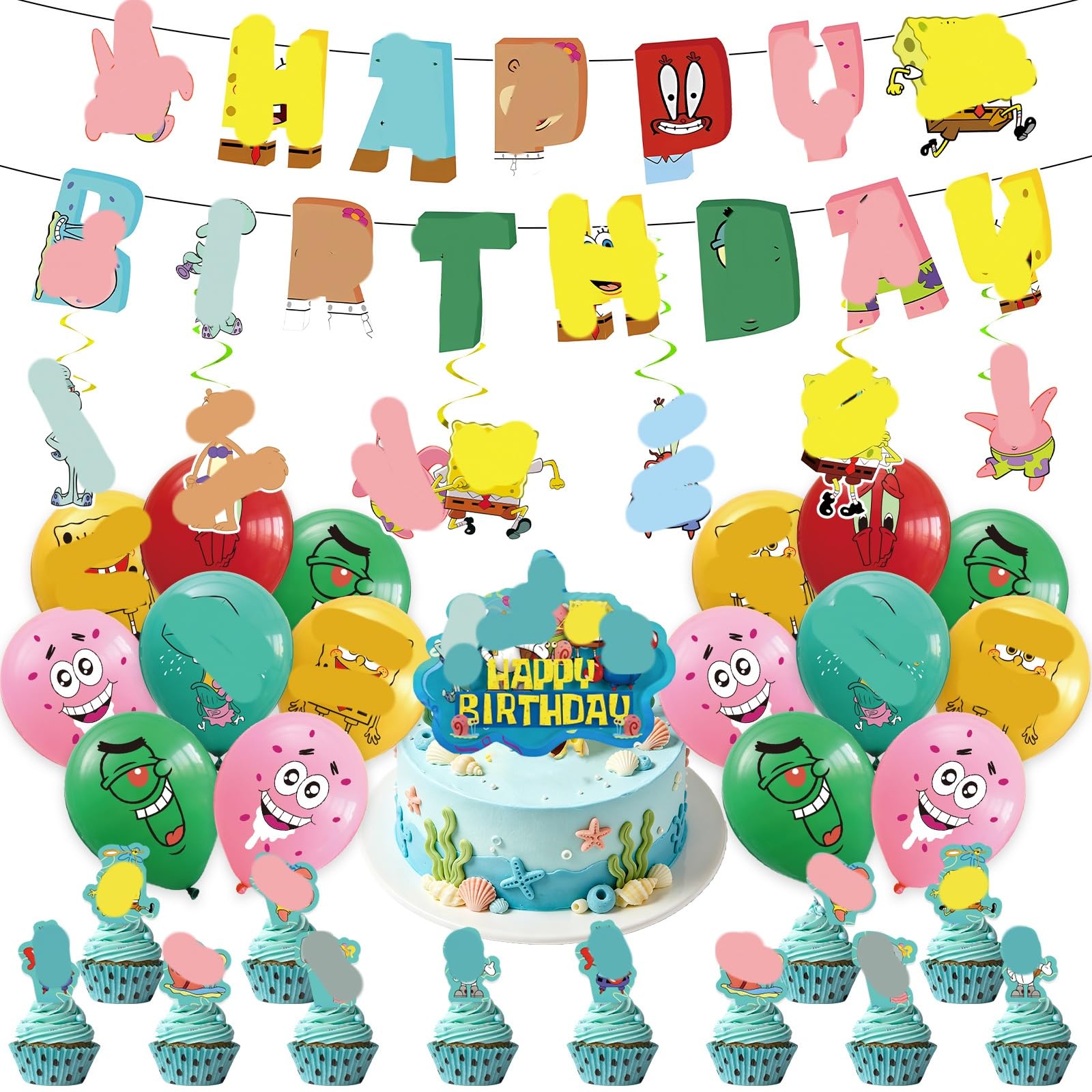 40PCS Cartoon Birthday Party Decorations, Party Supplies Include Banner, Latex Balloons, Hanging Swirls, Cake Topper Insert Pins, Kids Party Decorations Supplies for Boy Girl Birthday Party Home Decor