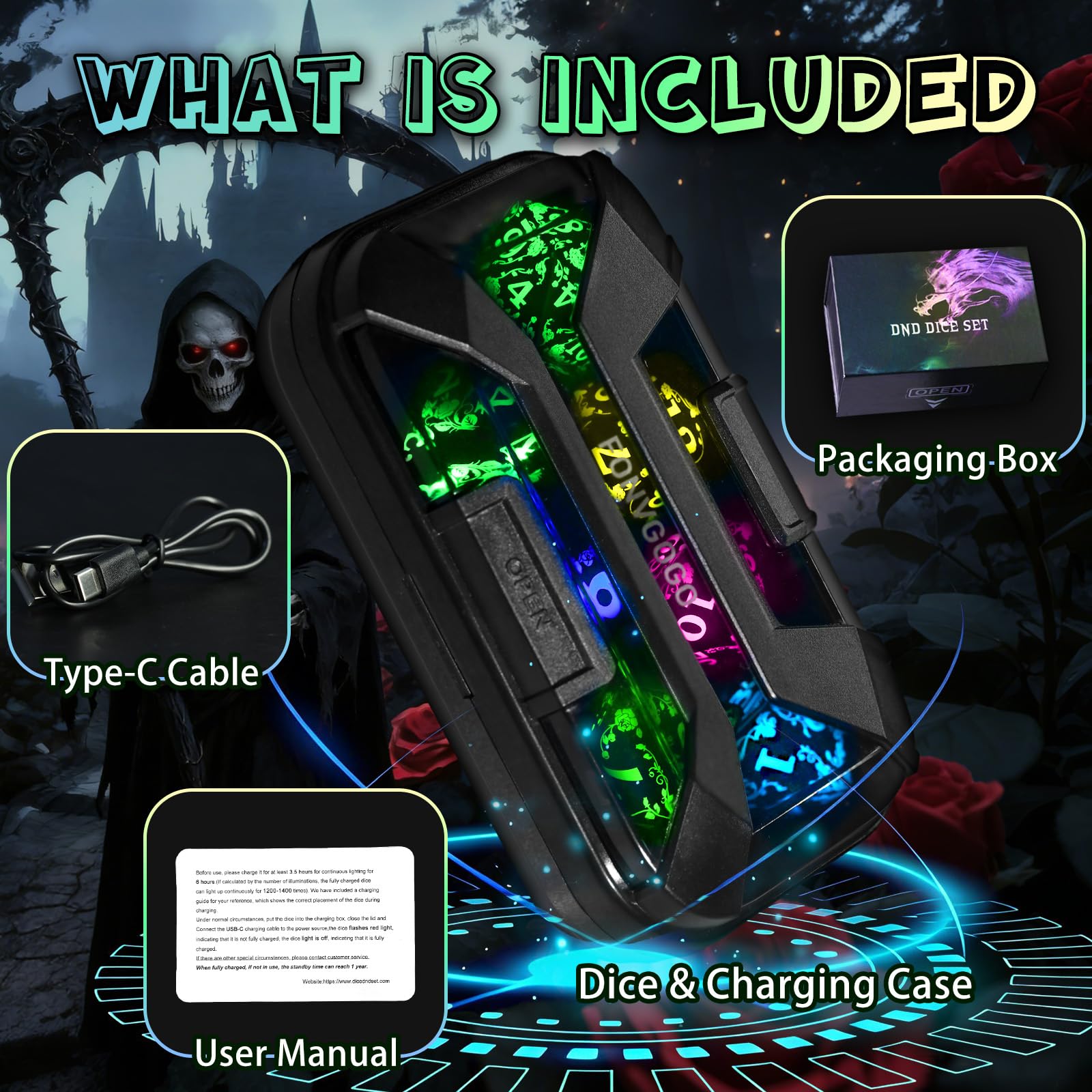 FONVGOGO Set di dadi LED luminosi wireless D&D ricaricabili per Dungeons and Dragons RGB DND dadi con scatola di ricarica, dadi poliedrici per giochi di ruolo in 7 colori, per regali DND RPG giochi da
