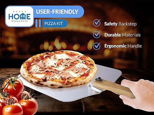 Miniatura 4 de Home Warehouse Kit de fabricación de pizzas - Piel de pizza de acero inoxidable con mango de madera y cortador de pizza - Diseño sin costuras - Para