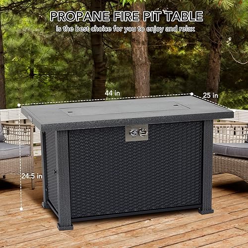 Miniatura 5 de Mesa de fuego de propano de 44 pulgadas, mesa rectangular de 50000BTU con cubierta y cubierta para lluvia, superficie de acero resistente y valla de