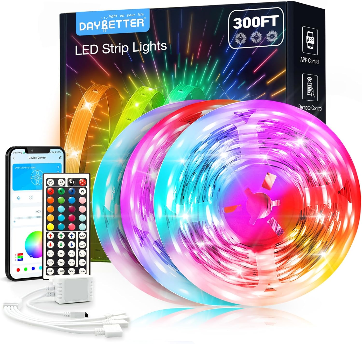 DAYBETTER Led Strip Lights 300 ft (3 Rolls of 100ft), Smart Led Light Strips with Remote and App Control, Music Sync RGB Color Changing Led Lights for Bedroom, Home, Kitchen, Party, Room Decor