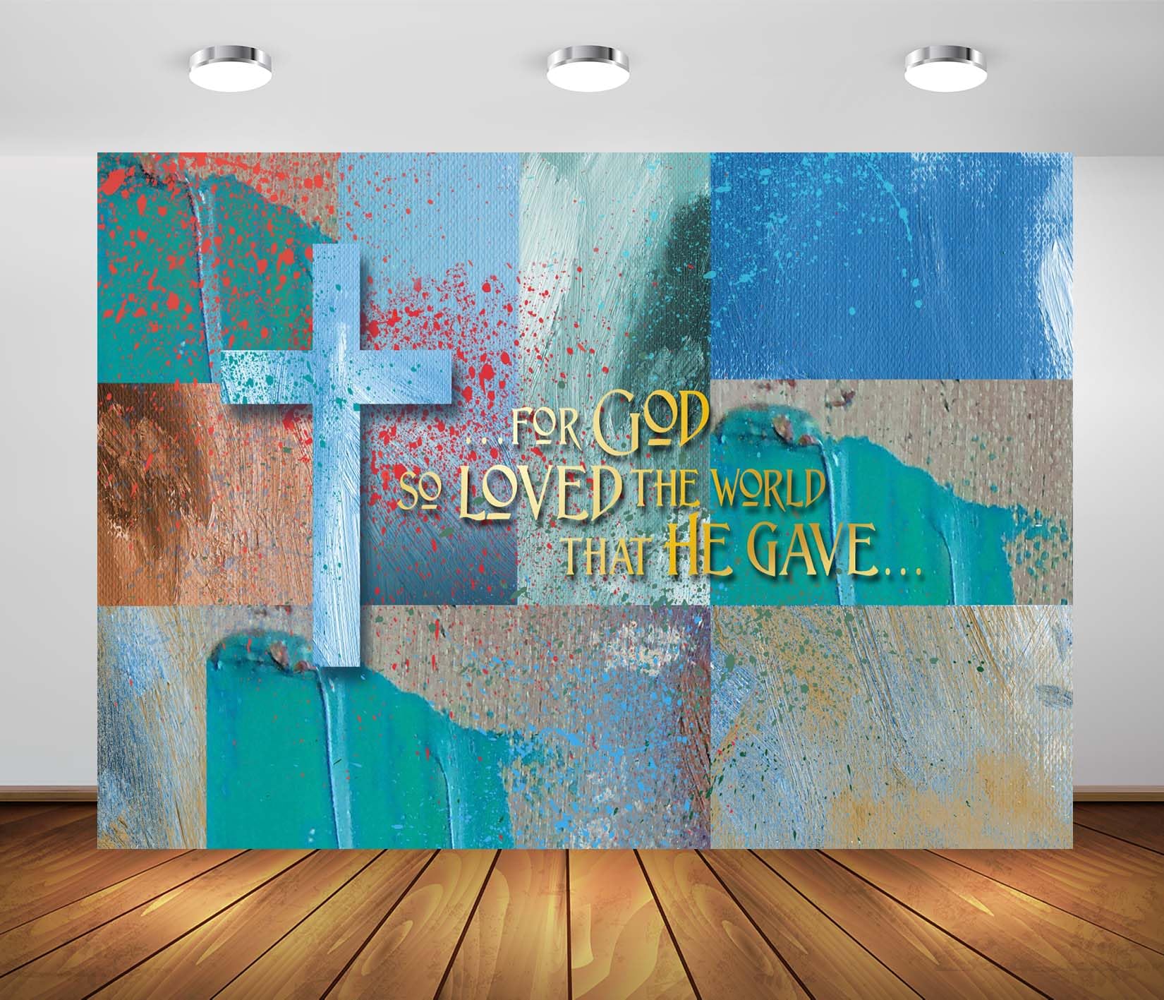 BELECO 3.6x3m Sfondo in tessuto Croce cristiana | Croce versetto biblico Giovanni 3 16 schizzi sangue sfondo tema pasqua decorazione festa accessori studio foto