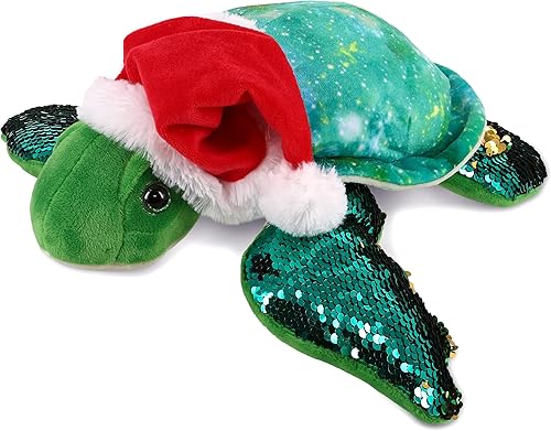 DolliBu Juguete de peluche de tortuga marina de Papá Noel, disfraz de tortuga de peluche con lentejuelas espaciales, sombrero rojo de Papá Noel, con