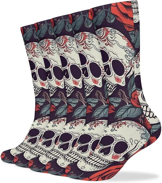 Sugar Skulls And Red Roses Crew Socks for Men Women 5 Pairs