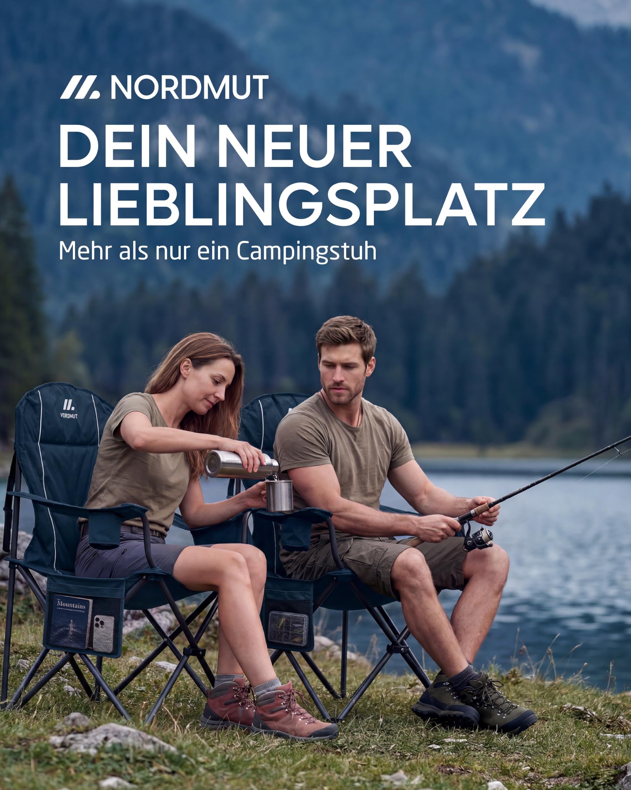 NORDMUT® Campingstuhl faltbar leicht – Stabiler Klappstuhl Camping 200 kg Belastung – bequemer Angelstuhl inkl. praktischer Kühltasche & Getränkehalter