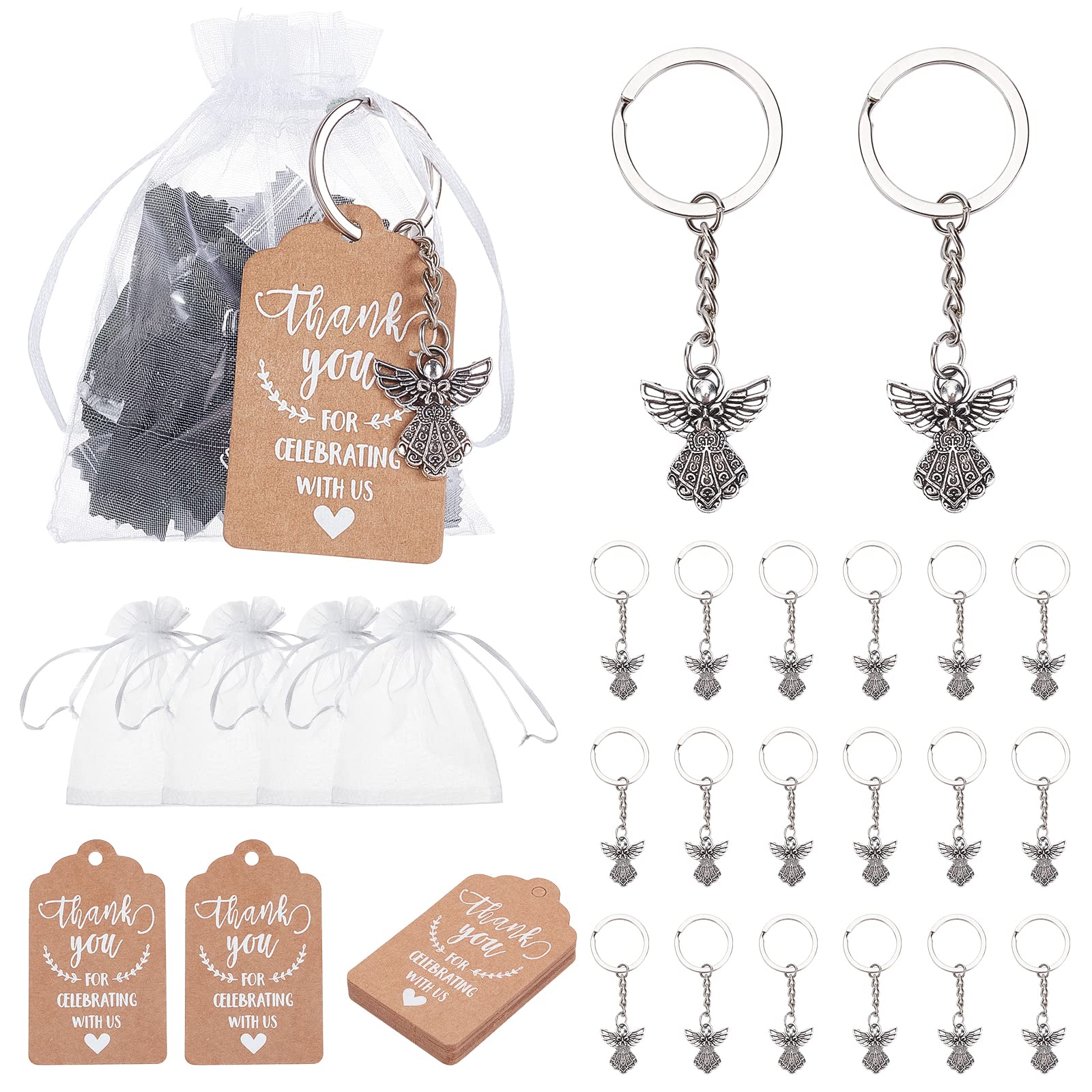 PandaHall Juego de 20 llaveros de ángel, colgante de ángel de la guarda con bolsas de organza blancas, etiquetas de agradecimiento, regalos de regreso de invitados para baby shower, despedida soltera