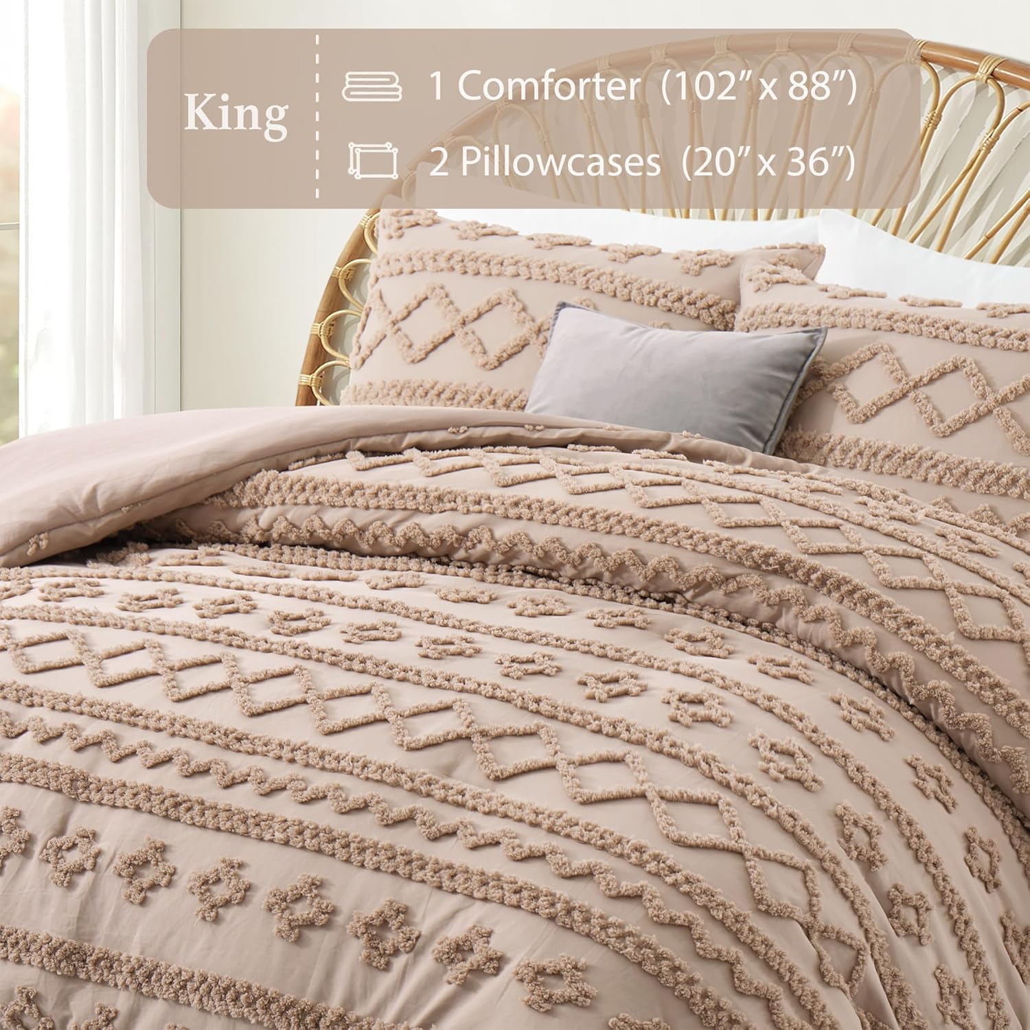 Oli Anderson Khaki King Comforter Set Tufted Bedding Set King 3 Pieces, Boho Shabby Chic Comforter with 2 Pillowcases (Khaki,King) - Image 3