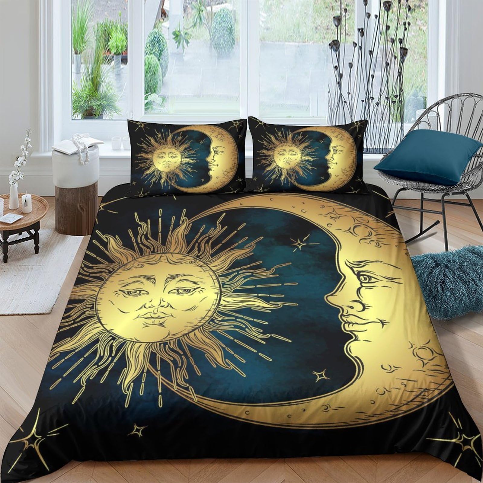 Ctjqhvkz Style-3 3D Printed Sun Moon Fitted Sheet Microfiber Soft Black Gold Celestial Bed Cover For Bedroom Guest Room Decor Single（135X200cm）