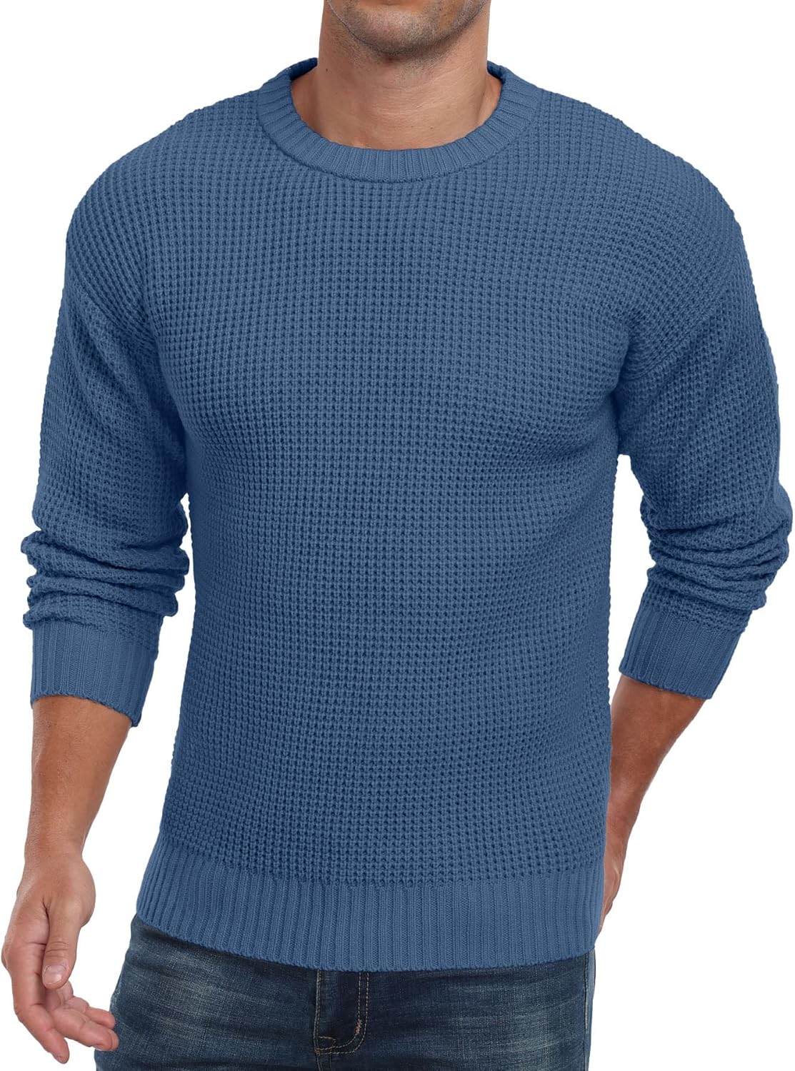 Askdeer Men's Pullover Sweater Waffle Textured Long Sleeve Knit Crewneck Casual Sweater - Image 5