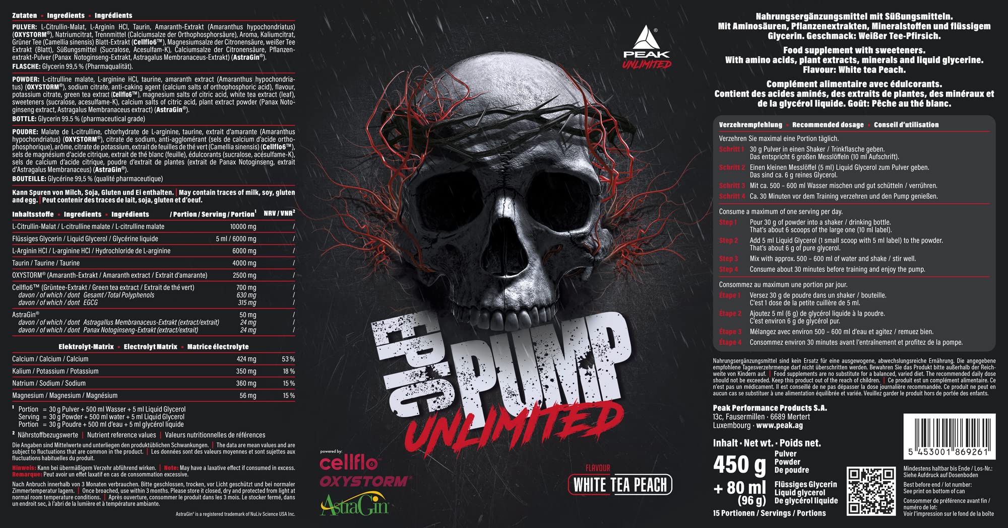 PEAK Epic Pump Unlimited - 546g Geschmack White Tea Peach I 15 Portionen I Pre Workout Booster I ohne Stimulanzien I mit Liquid Glycerol I Oxystorm I Cellflo6 I L-Citrullin I L-Arginin