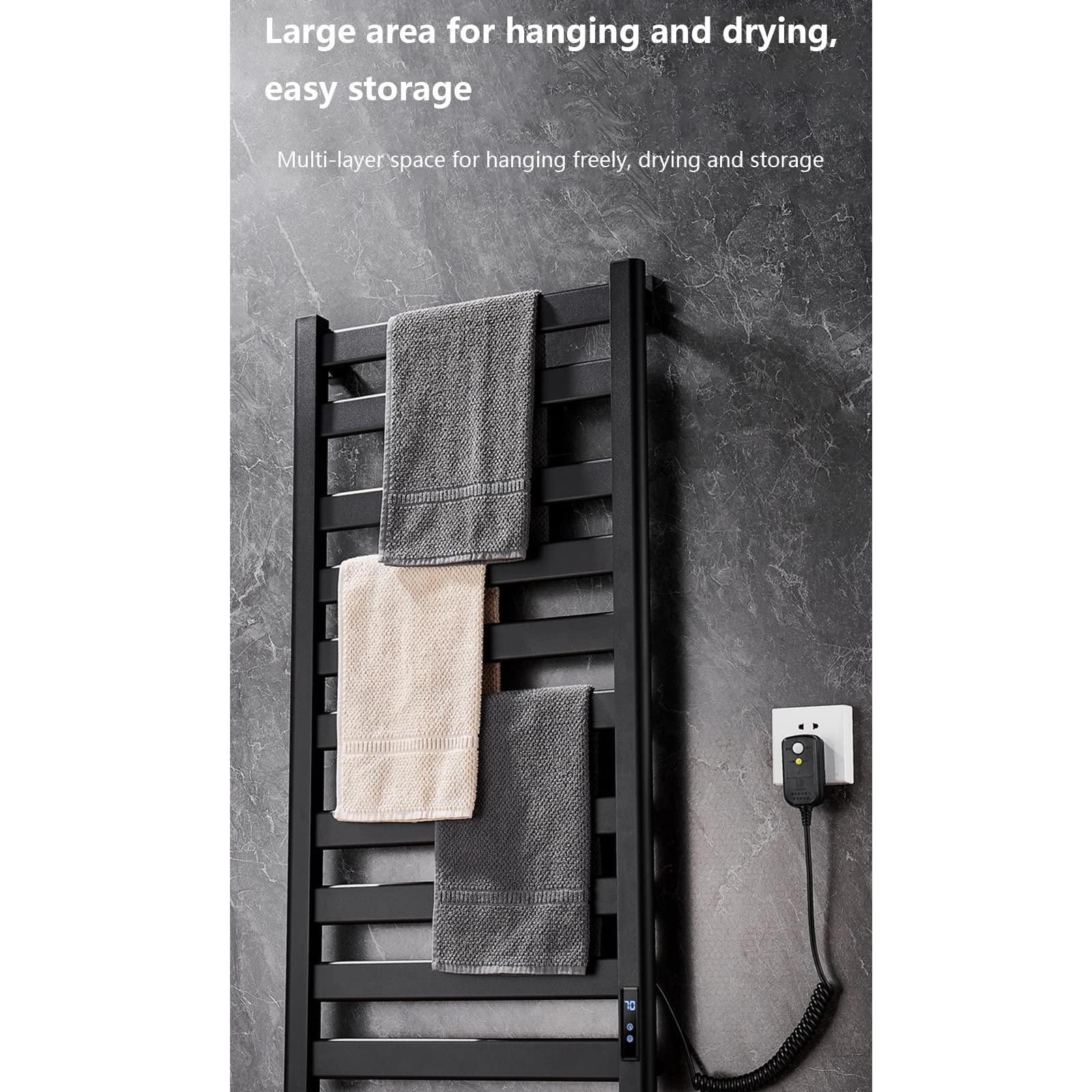 Calentador de Toallas eléctrico para baño, toallero calefactado, radiador con Estante, toallero calefactado de Pared para baño (Black-Left Exit)