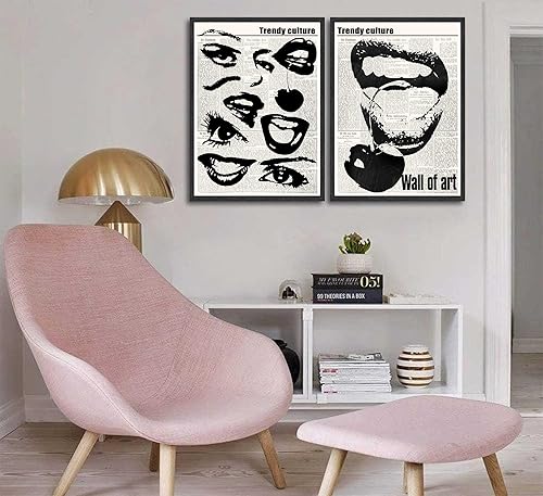 Miniatura 7 de 2 piezas de arte de pared vintage en blanco y negro de los años 70, ojos femeninos peculiares, labios, estética, lienzo, impresiones abstractas de