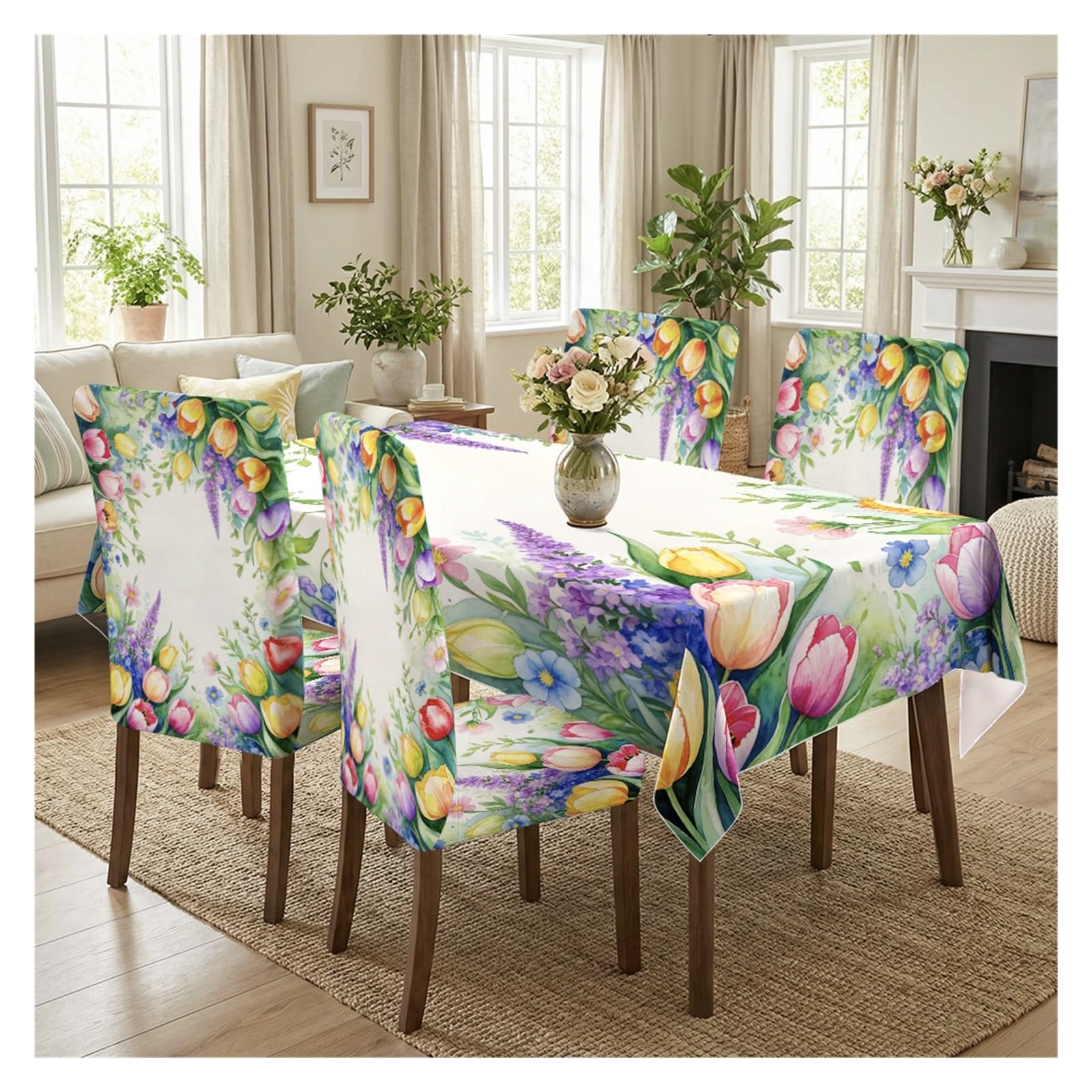 BOSUYBN Watercolor Bright Mixed Tulip & Lavender Floral Print Dining Chair Covers And Tablecloth Set, 5/7 Piece Romantic Spring Cottage Dining Decor Table Setting(5pcs Set: Tablecloth+Chair Covers)
