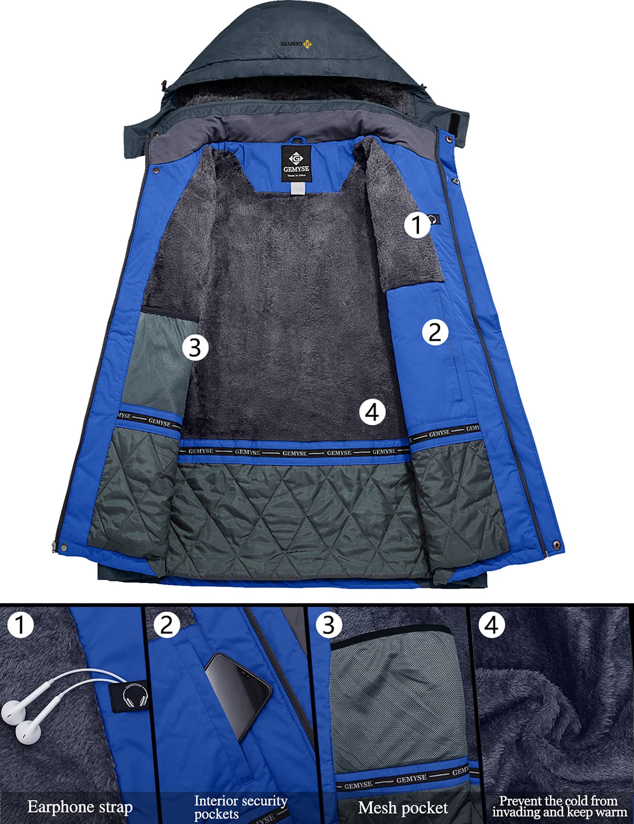 GEMYSE Chaqueta de Esquí Impermeable de Montaña para Hombre Abrigo de Invierno de Lana Antiviento con Capucha