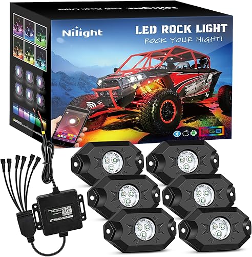 Nilight Kit de luces LED RGB, 6 cápsulas de luz de neón multicolor con control de aplicación Bluetooth, modo de música intermitente, IP68, rueda