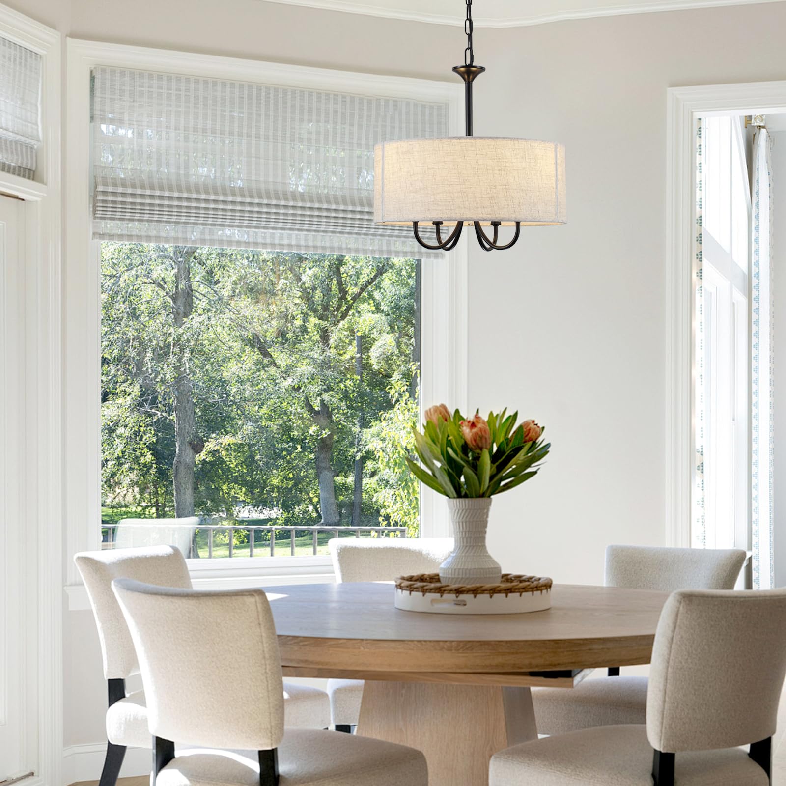 Schwarze Kronleuchter, 4 Flammig Deckenlampe Kronleuchter, E14 Schwarze Pendelleuchte mit Stoffschirm, Moderne Deckenlampe Kronleuchter für Küche, Flur, Schlafzimmer, Esszimmer