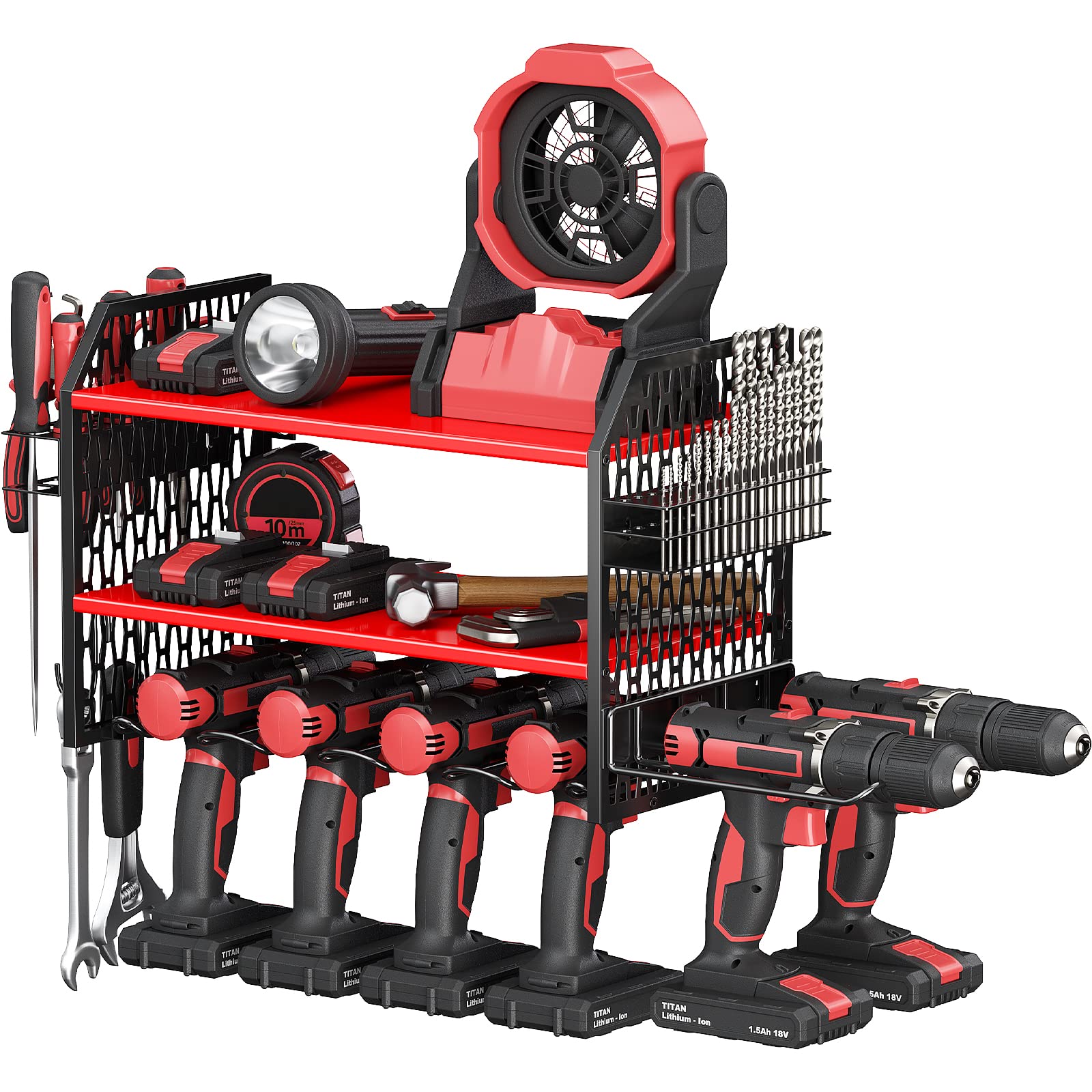 VOPEAK Power Tool Organizer, Drill Holder Wall Mount, Power Tool Storage Rack with 6 Drill Slots, Removable Design, Heavy Duty Metal, Cordless Tool Storage Rack for Garage, Workshop, Warehouse Red