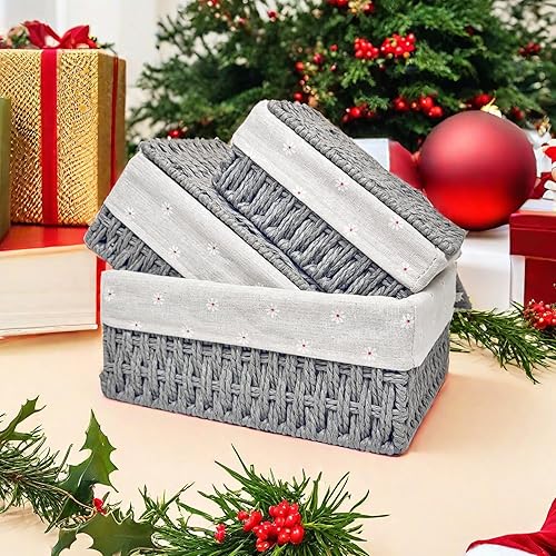 Miniatura 5 de GIB - Cestas de almacenamiento tejidas de mimbre con tapas, juego de 3 tamaños, cuerda de papel, pequeñas cestas anidables extraíbles para estantes,