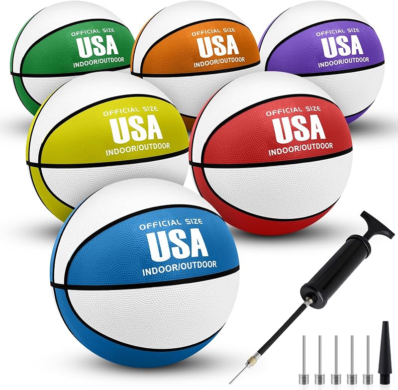 SIKEMAY 6 piezas de baloncesto de tamaño oficial 7/6/5 a granel con bomba, para baloncesto de goma para hombres adultos, juego de streetball inflable profesional multicolor para interiores y exteriores, práctica de entrenamiento, regalo deportivo