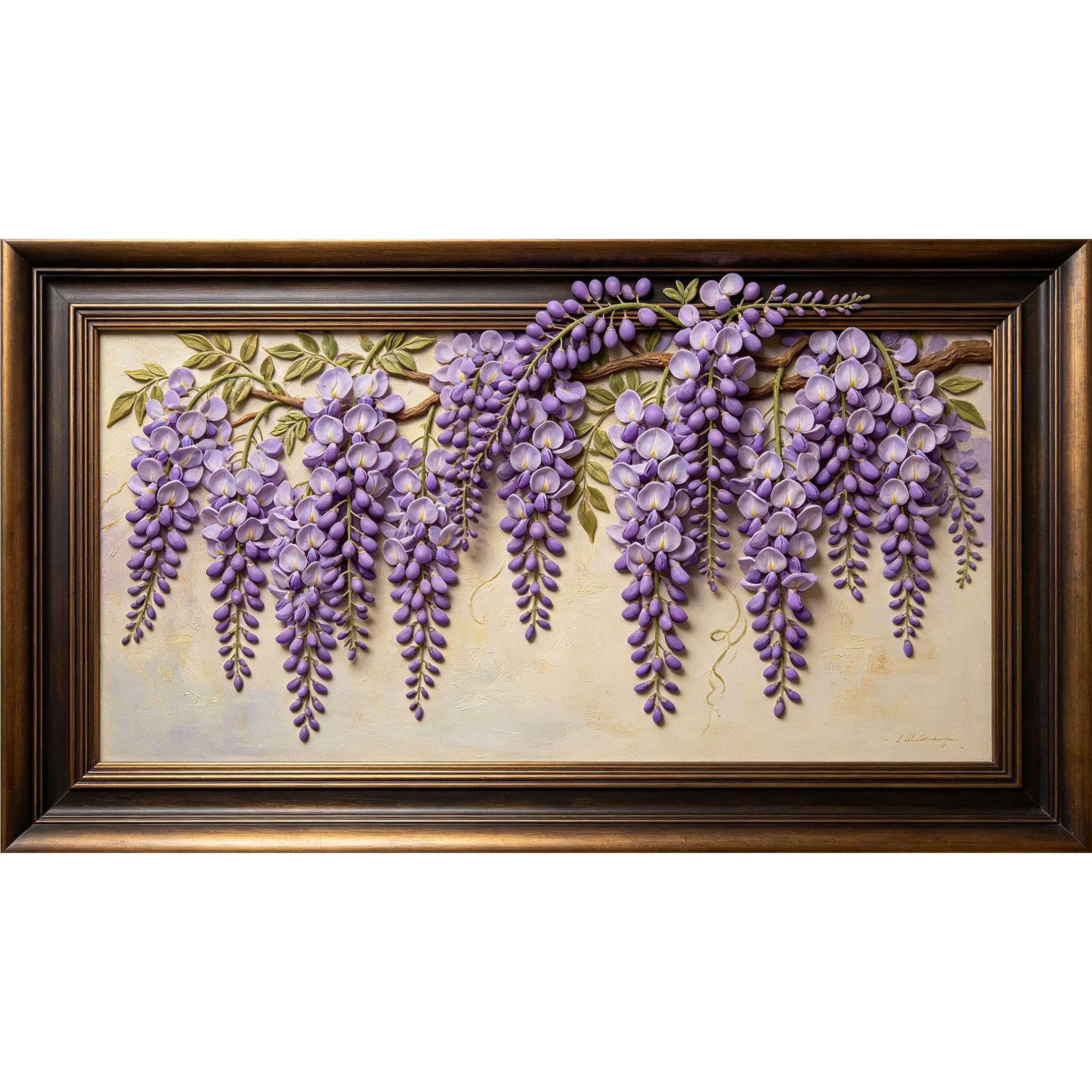 QZLITHOTIC 50x90cm3D Framed Wall Art， Purple Wisteria Botanical Floral Self‑Adhesive Mural， Water‑Activated Peel & Stick Fabric Decor Wall Decal for Bedroom Living Room