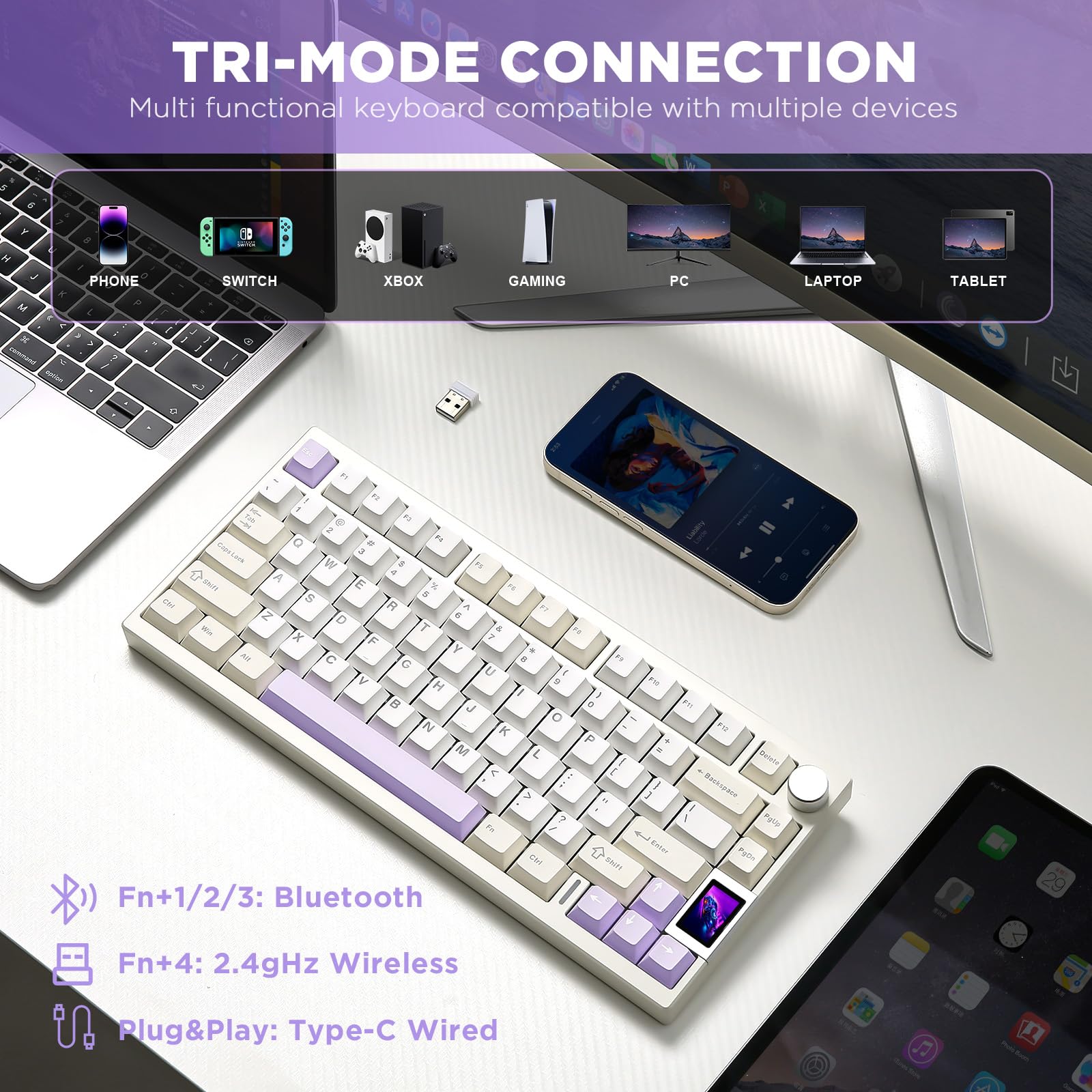 YUNZII AL80 Teclado Mecánico Inalámbrico 75% con Pantalla LCD Inteligente, Aluminio CNC, Montaje Gasket, Hot-Swap, Mando Rotatorio, BT/2.4G/USB-C, QMK/Via para Windows y Mac (Beige, Zero Linear)