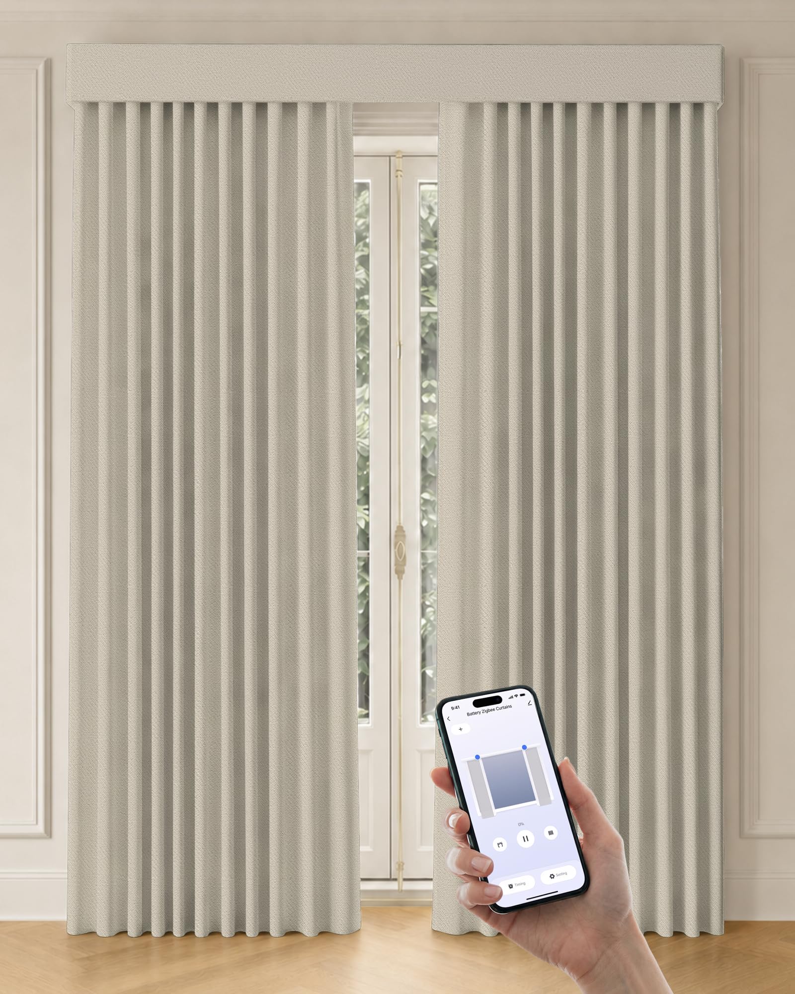 Graywind Motorized Curtains with Track, Room Darkening Smart Curtains, Hardwired Curtains Compatible with Alexa Google Home Remote Control for Large Windows, Custom Drapes Up to 220", (Oatmeal)
