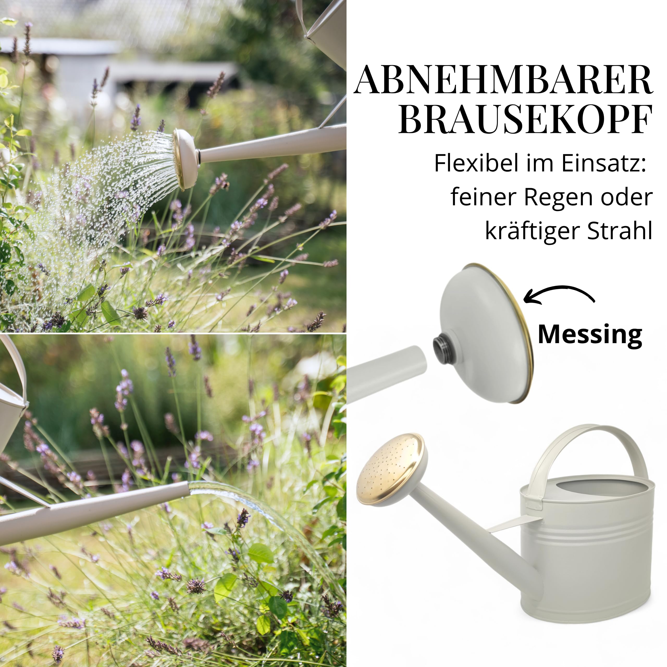 LIVLIG Gießkanne 5 Liter, Blumengießkanne für Garten & Balkon, Hochwertige Metallgießkanne 5L aus verzinktem Metall und Abnehmbarer Brause, Gießkanne Retro mit Messingbrause, Greige