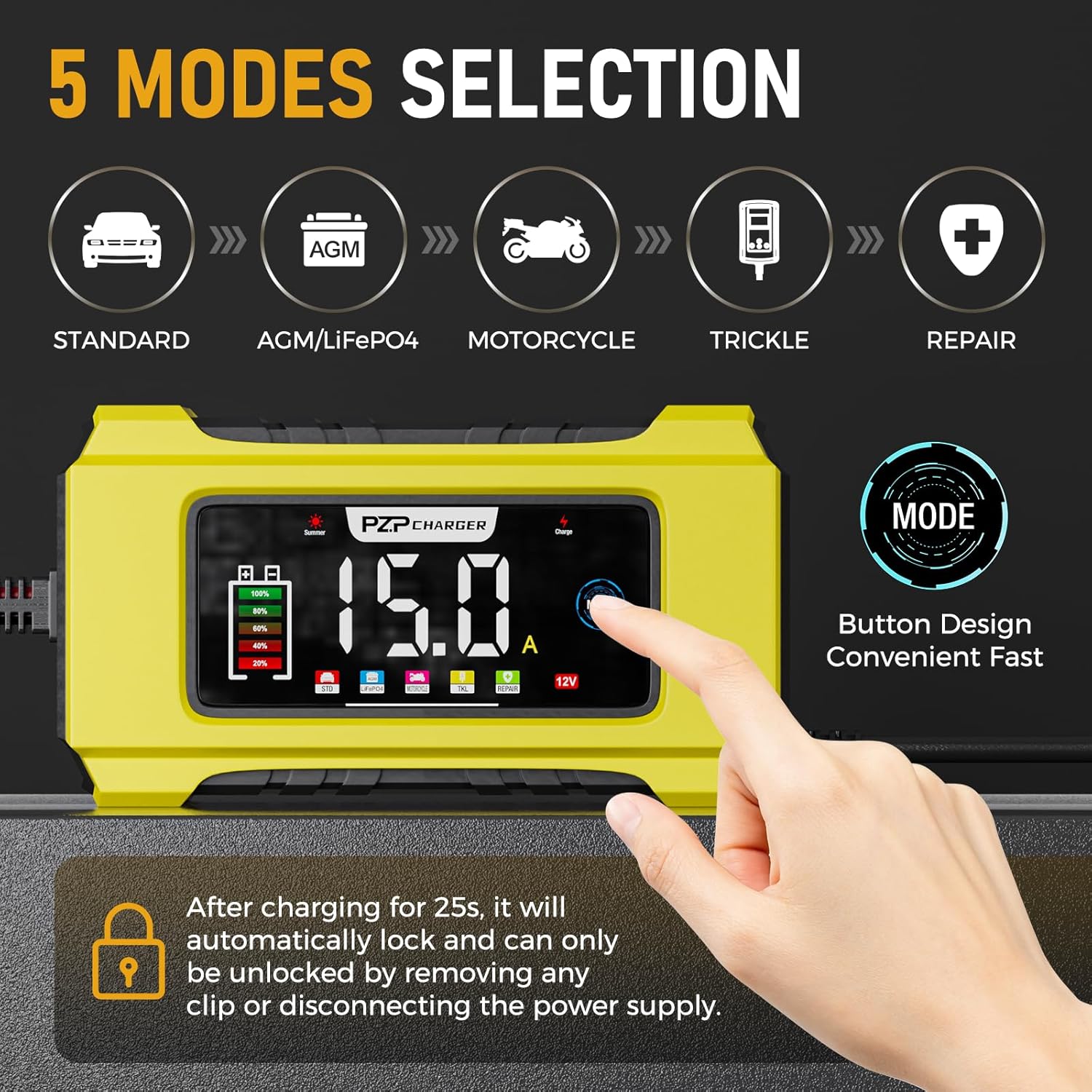 PZP 15-Amp 12V/24V Smart Battery Charger, Maintainer & Trickle Charger for LiFePO4, Lead Acid Batteries - Fully Automatic 9-Stage Charging w/Temp Compensation for Motorcycle Car Truck Lawnmower Boat