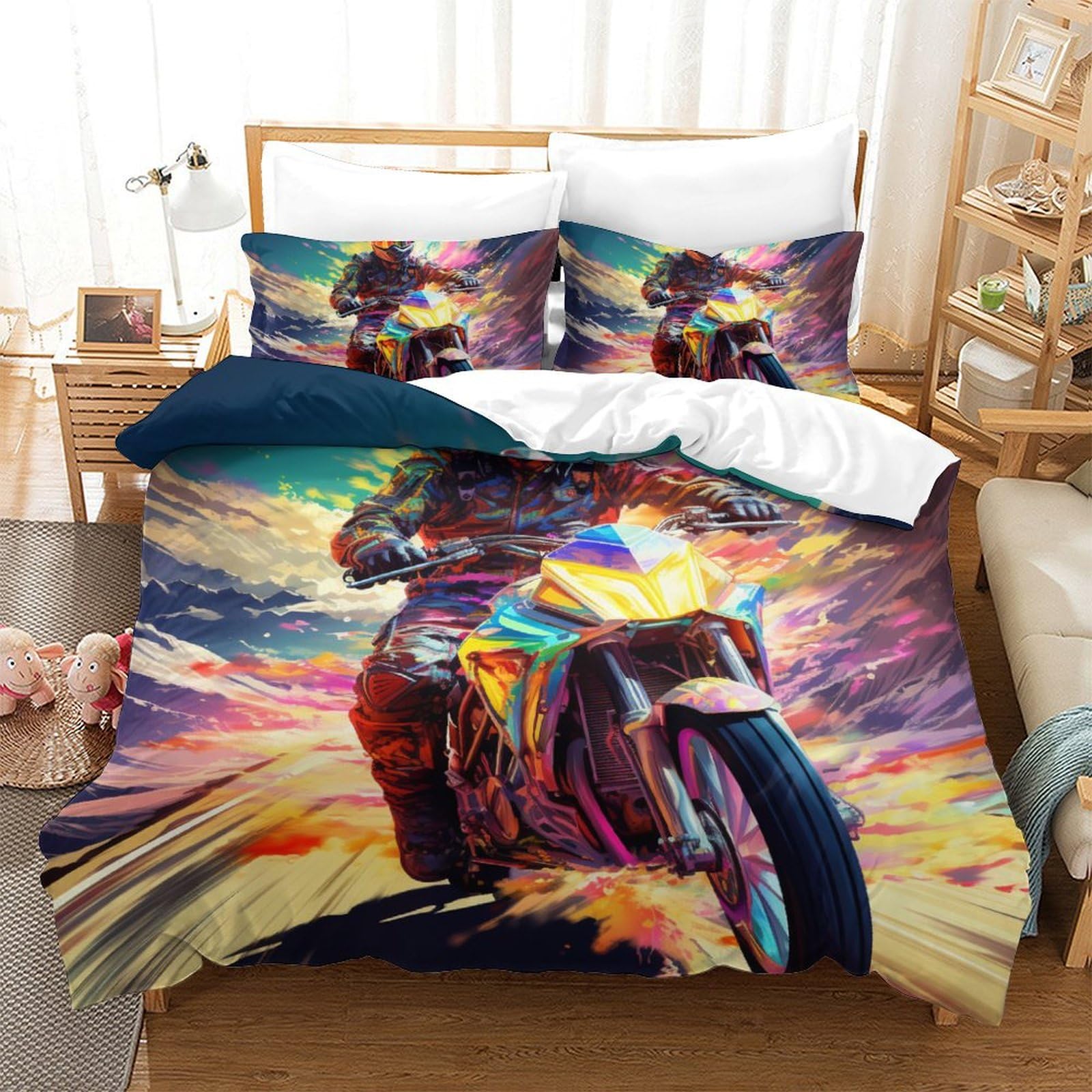 Parure de lit 3D moto housse de couette 200x200 cm avec taie oreiller microfibre pour garçon