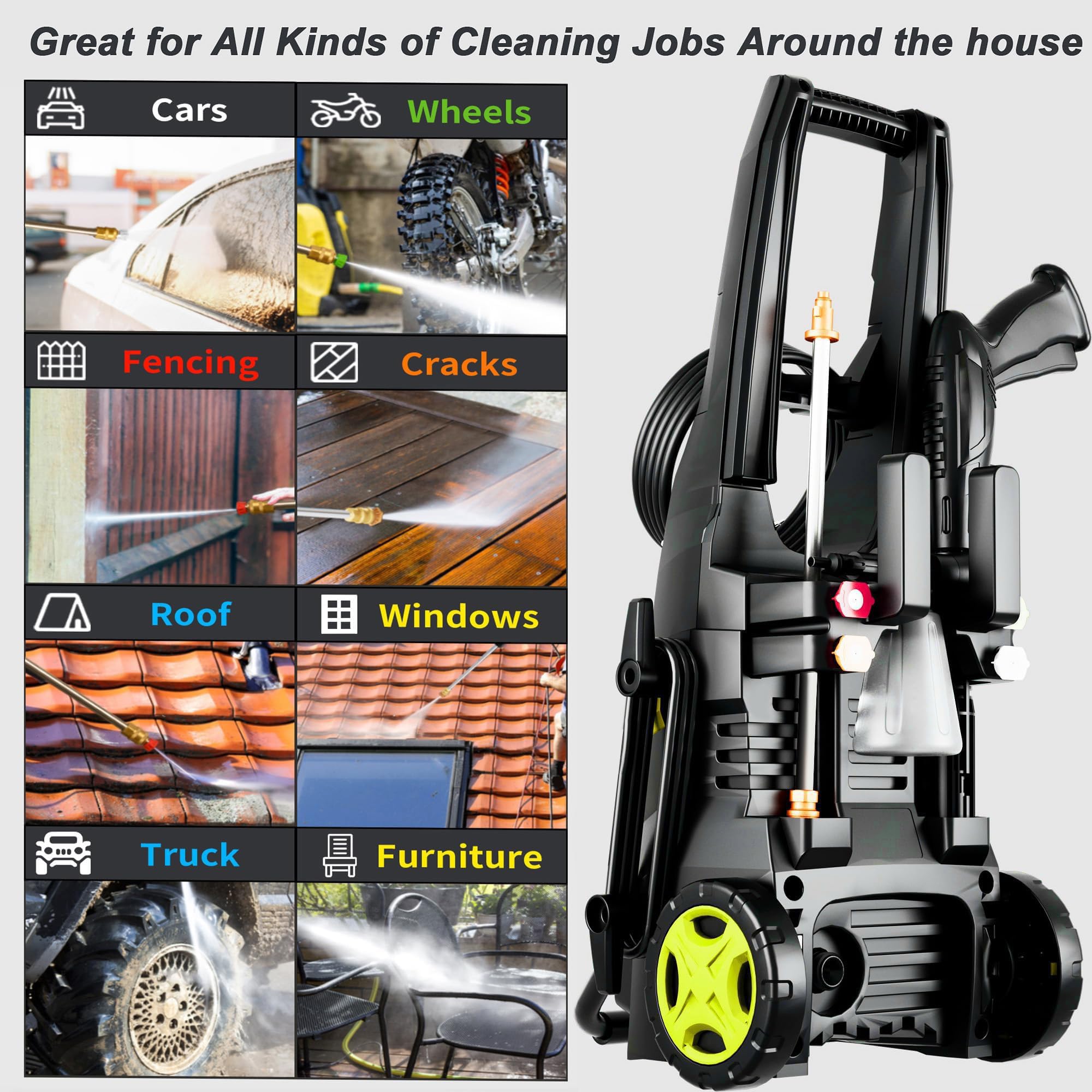 2026Upgraded Pressure Washer 4300PSI 2.8GPM with 4 Quick Connect Nozzles, Foam Cannon & Inlet Hose & Filter for Cars/Fences/Driveways/Home Cleaning, Green — view 4