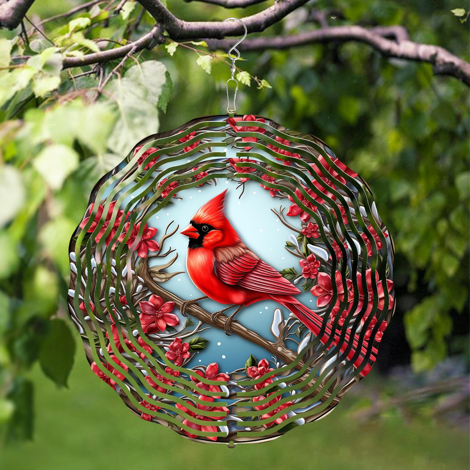 3D Red Cardinal Wind Spinner 10 Inch Stainless Steel Bird Wind Sculpture Kinetic Art Hanging Ornament for Outdoor Garden, Yard, Patio, and Home Decoration Christmas Decor