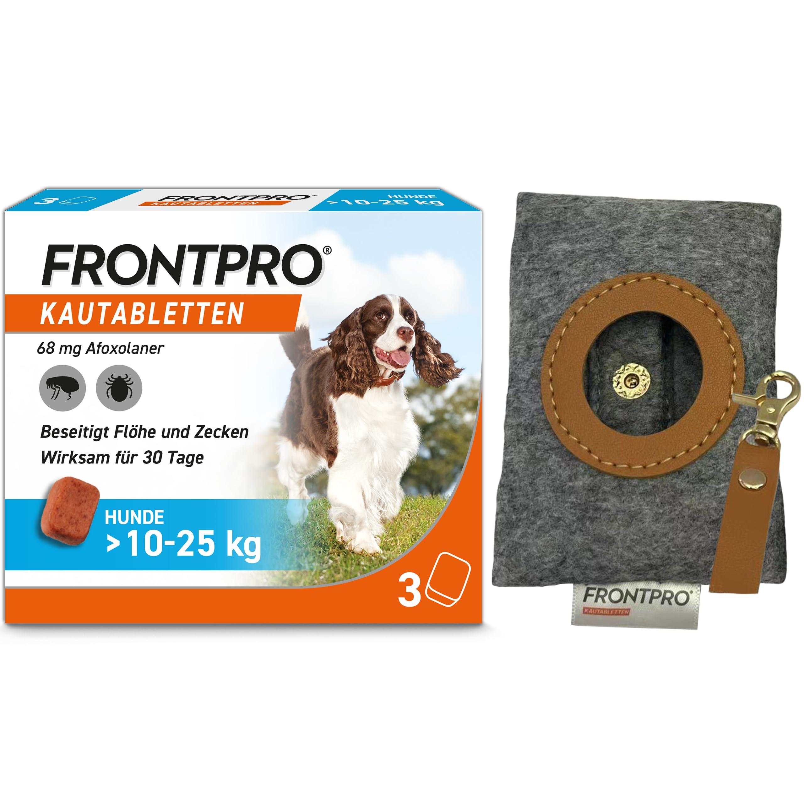 FRONTPRO Hund L - Kautablette gegen Zecken & Flöhe (Hunde 10 bis 25 kg) | 3x Kautabletten für 3 Monate Schutz + Kotbeutelspender - schmeckt einfach mit oder ohne Futter - schnelle Wirkung