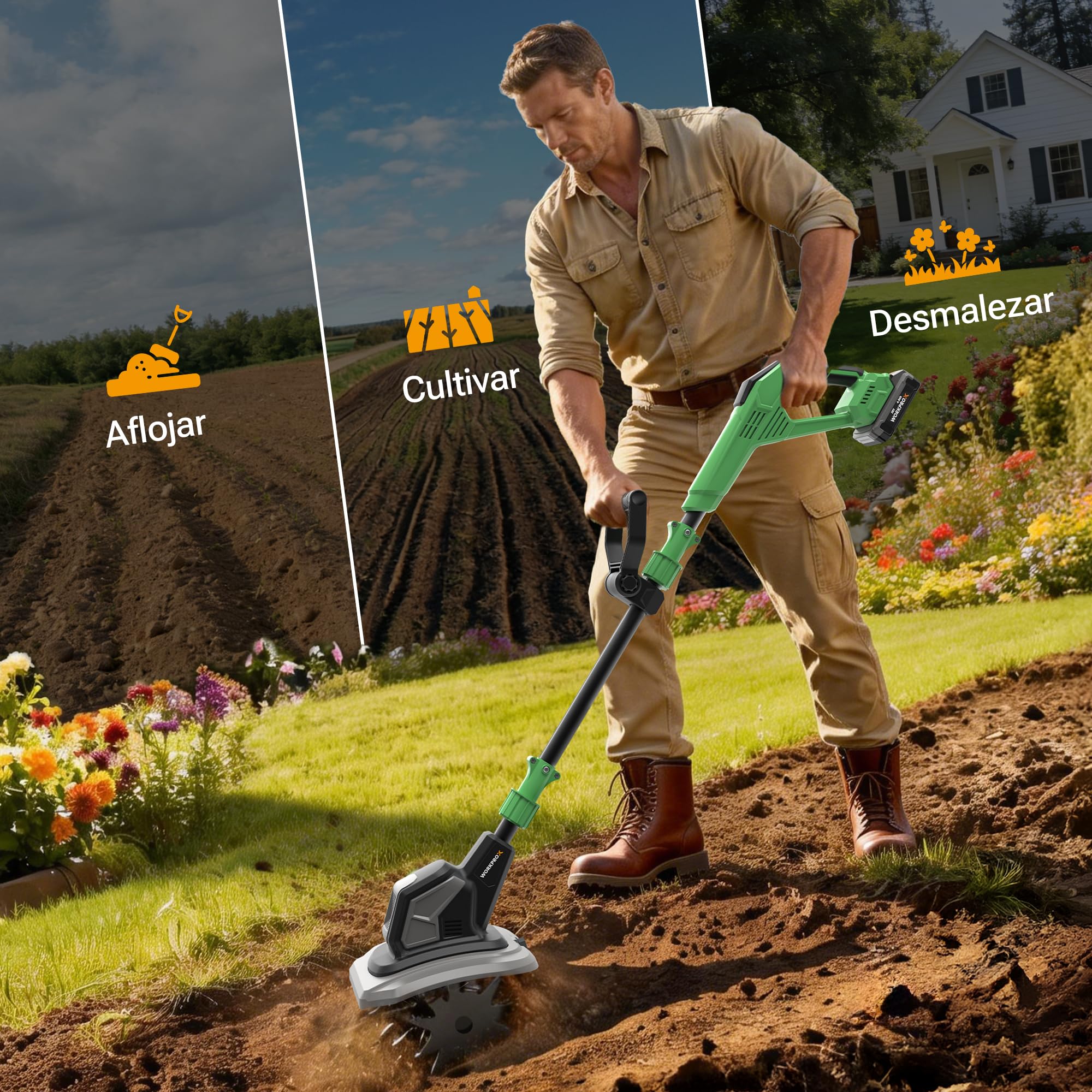 WORKPROX Motoazada Eléctrica a Batería 20V con 4,0Ah, Cultivador de Jardín Inalámbrico, Ancho de Trabajo 20 cm, Profundidad 20 cm, Ruedas Ajustables, Mango Plegable