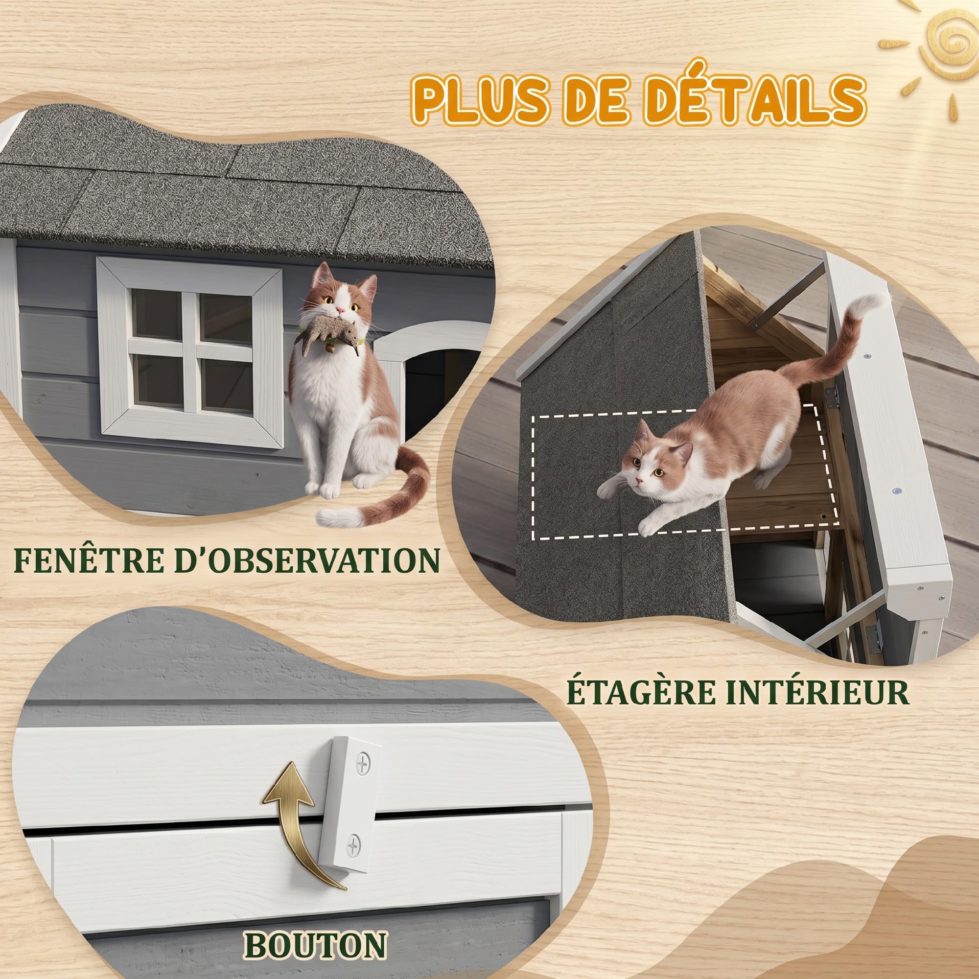 PawHut Maison pour Chat en Bois Porte à Lamelles 77 x 57,5 x 68 cm Gris | Niche pour Chat, Toit Ouvrable Bitumé, 3 Portes, Fenêtre en Plexiglas, Pieds en Plastique, Extérieur
