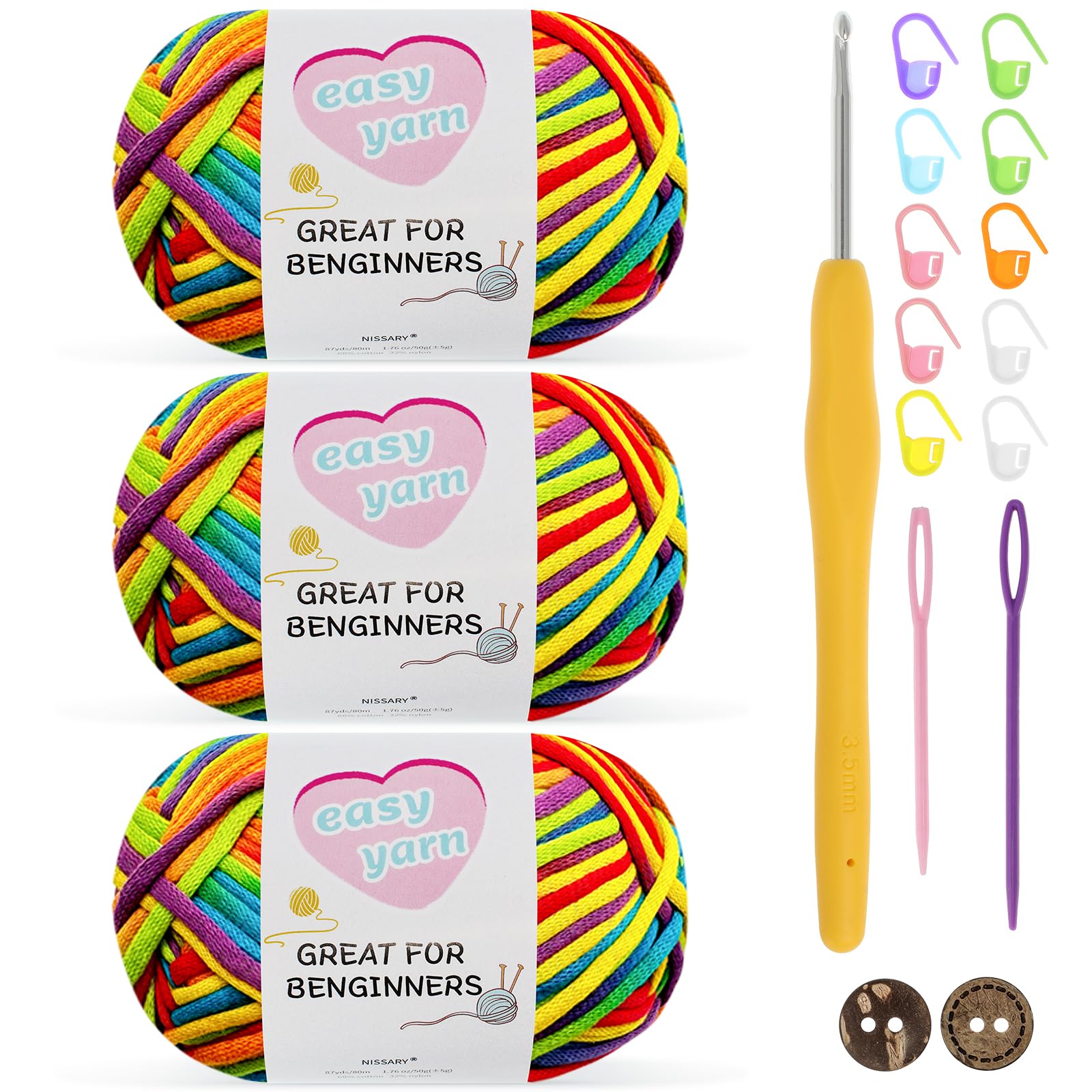 Nissary Chunky Crochet Yarn 3-Pack 50g - Cotton Yarn for Beginners with 3.5mm Hook - Thick Wool Amigurumi Starter Kit