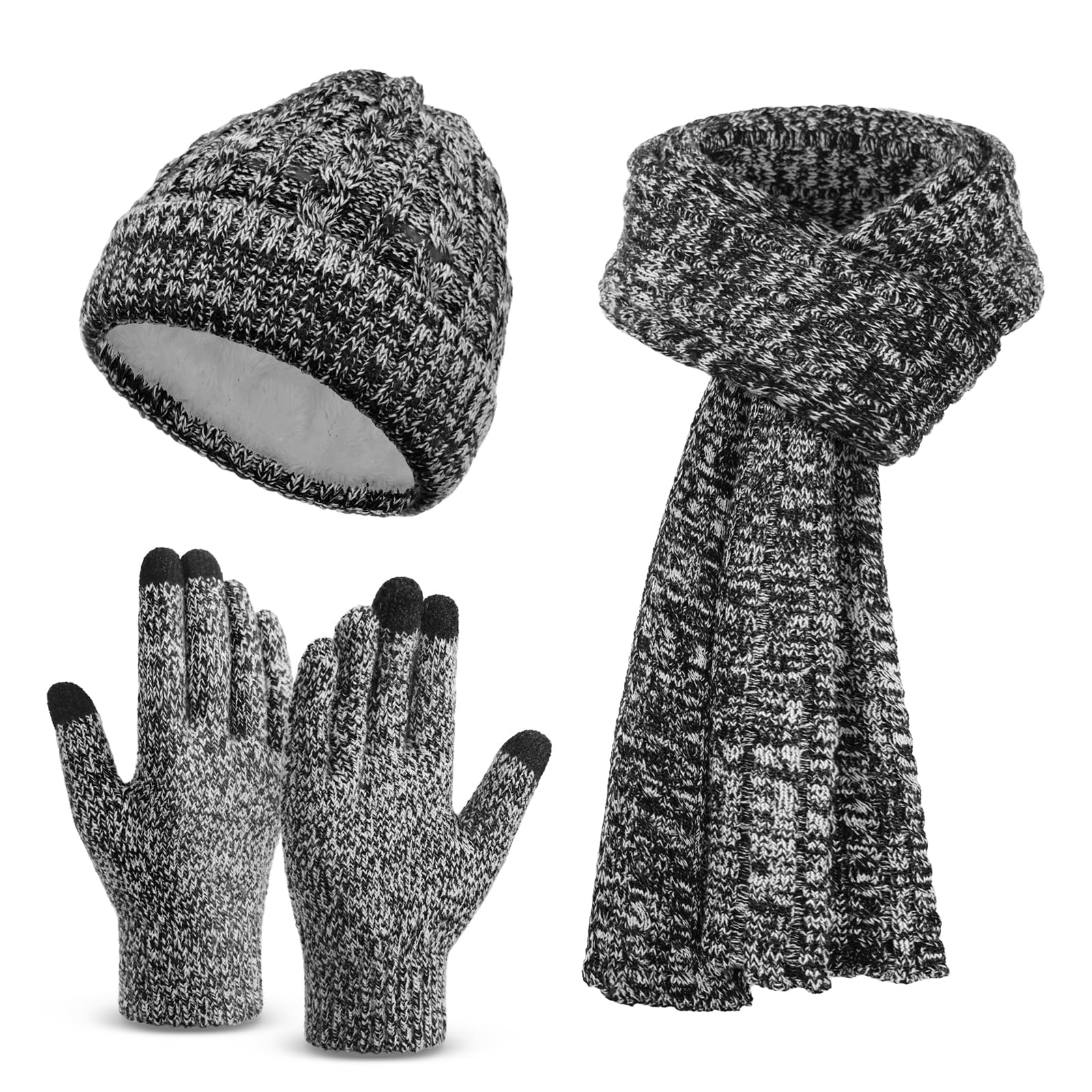 Winter Clothes Set with Beanie Hat Touchscreen Gloves Long Neck Scarf, Valentines Day Gifts for Her Adult Women Wife - BLACK