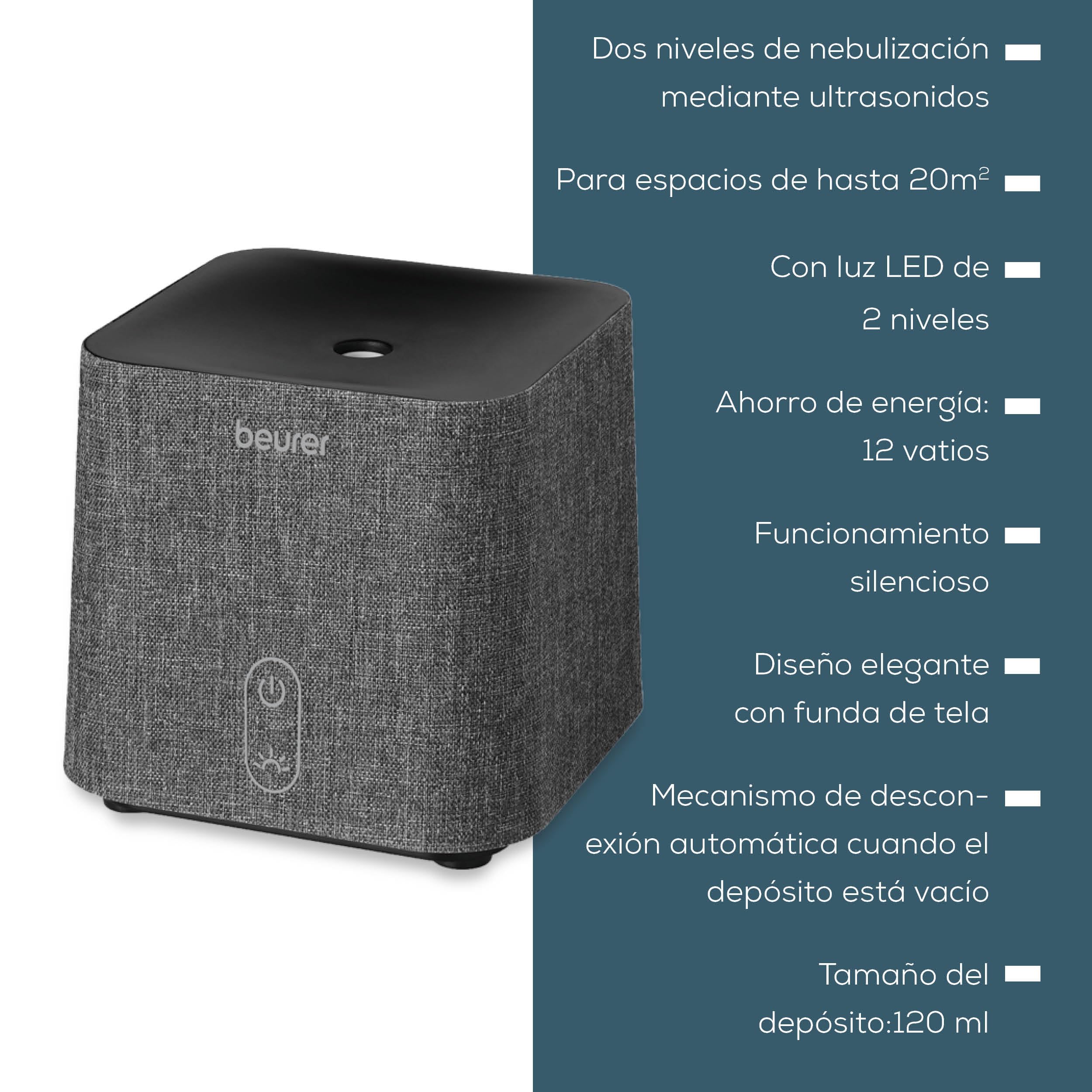 Beurer LA 35 Difusor de aromas, para aromatización de estancias de hasta 20 m², atomización microfina con ultrasonidos, con luz LED, silencioso y de bajo consumo, desconexión automática