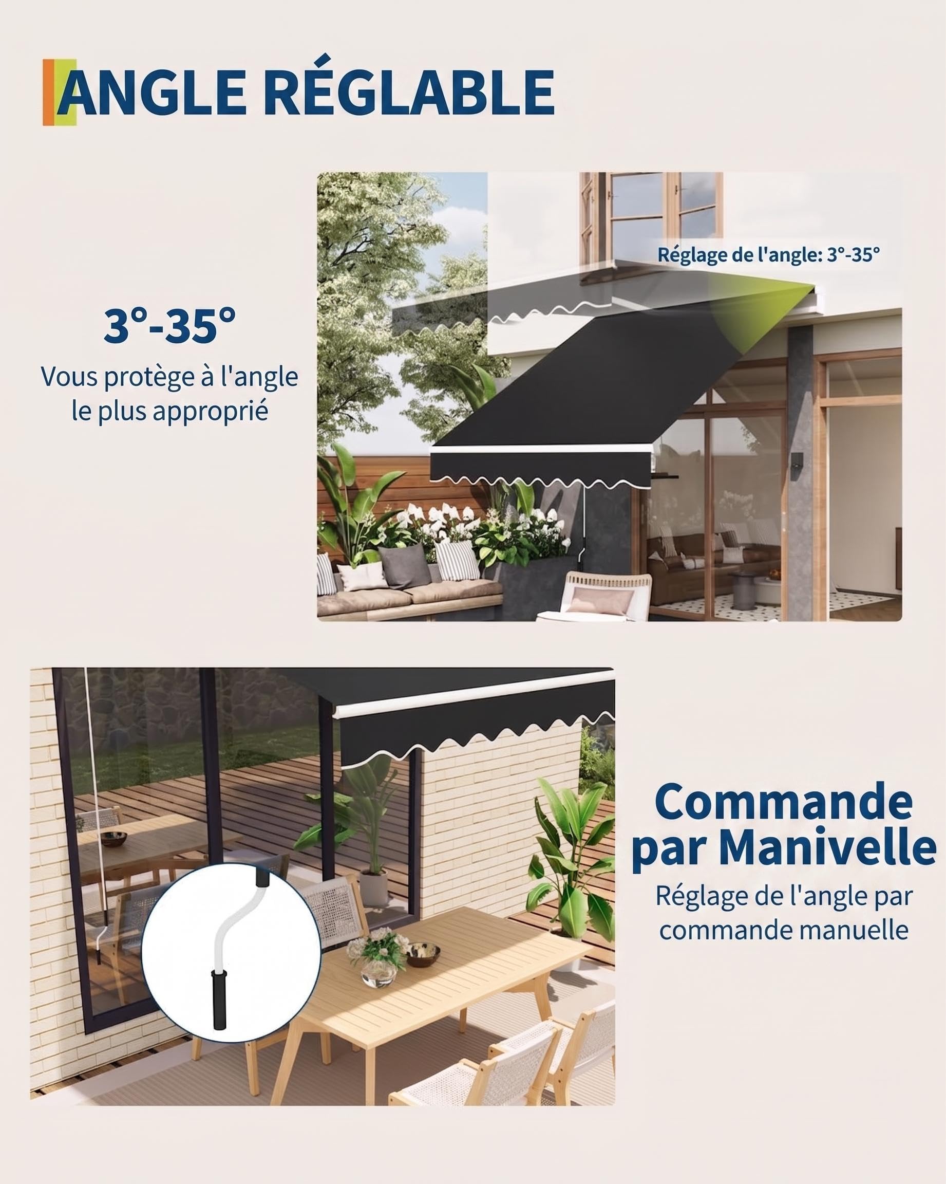 Garvee Store banne articulé extensionérieur 350x250cm – Protection UV50+, résistant à l'eau – Longueur et Angle réglables – Manivelle, Fixation fresquee – Idéal terrasse, Balcon – Noir, 11,5x8FT