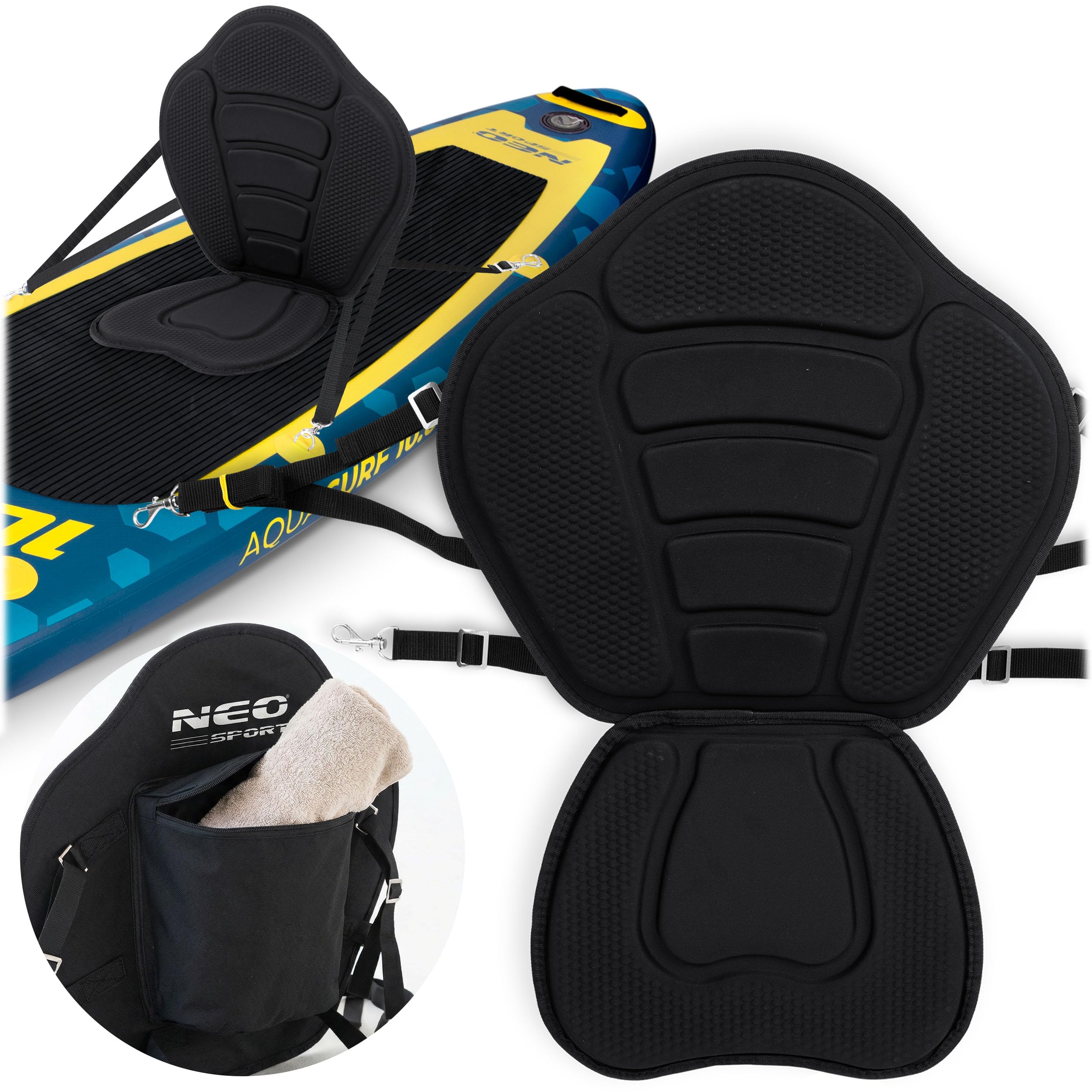 Neo-Sport Siedzisko do Deski SUP z Oparciem - Wygodne Piankowe Siedzisko Kajakowe z Kieszenią - Stabilne Wsparcie Pleców - Paddleboarding - Uniwersalne Mocowanie - Czarne 77 x 52 cm