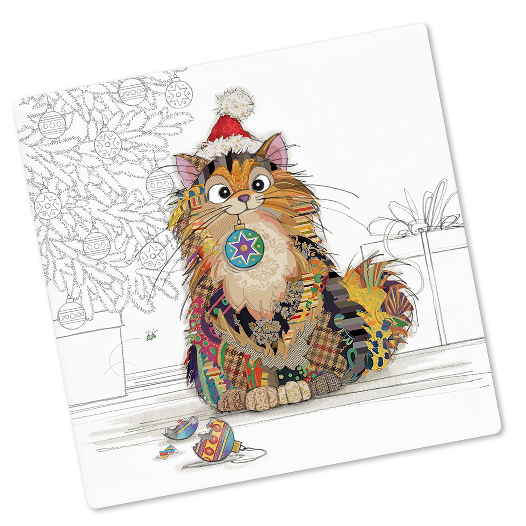 Christmas Coaster, Heatproof and Cork Backed Single Ceramic Coaster, Statement Kitchenware for the Home, by Bug Art (Fluffy Cat 9323)