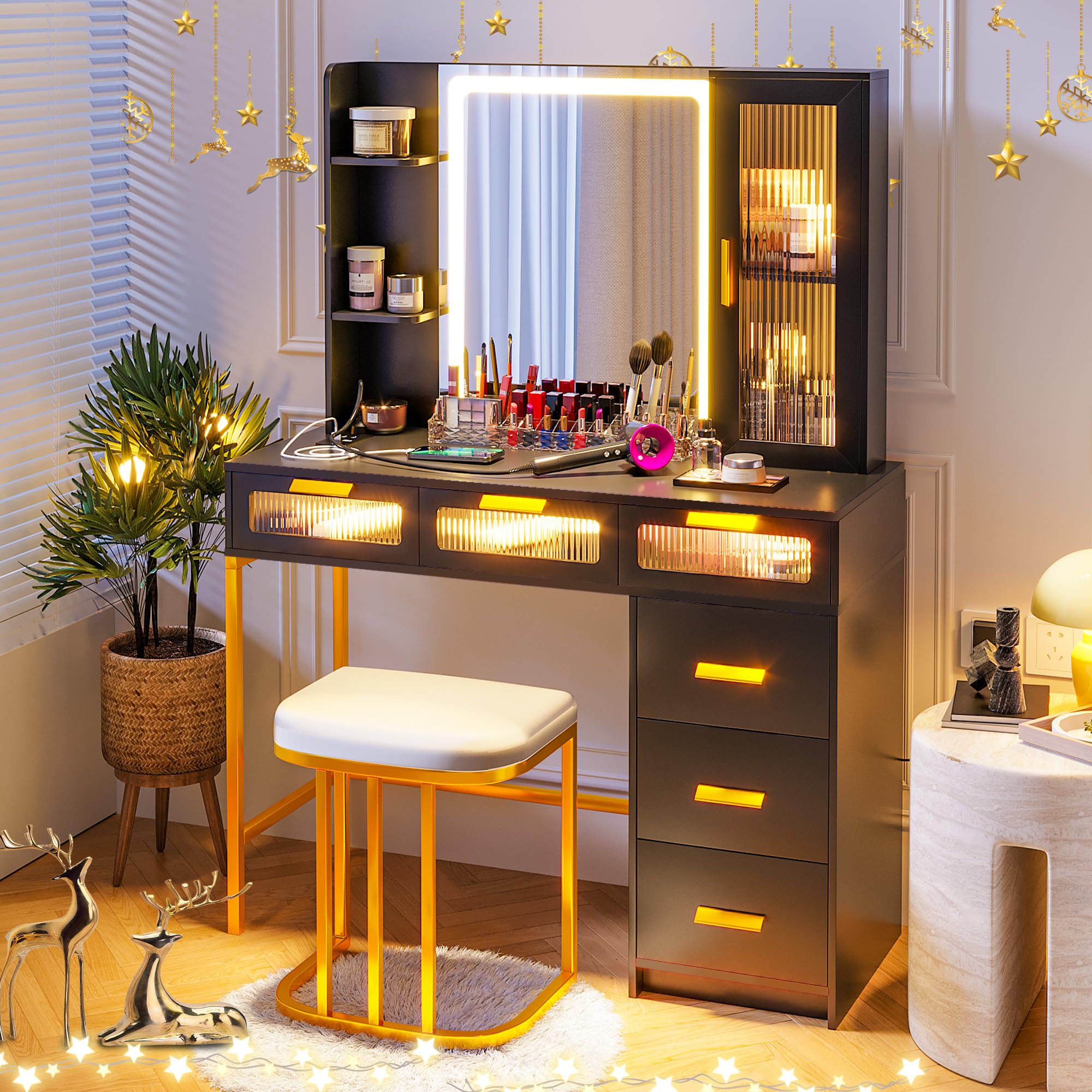 HNEBC LED Vanity with Lights, Vanity Makeup Desk with Charging Station,Vanities Table with LED Mirror, Dressing Table with 6 Drawers/Stool as Gifts for Women, Vanitys Set for Bedroom,Black