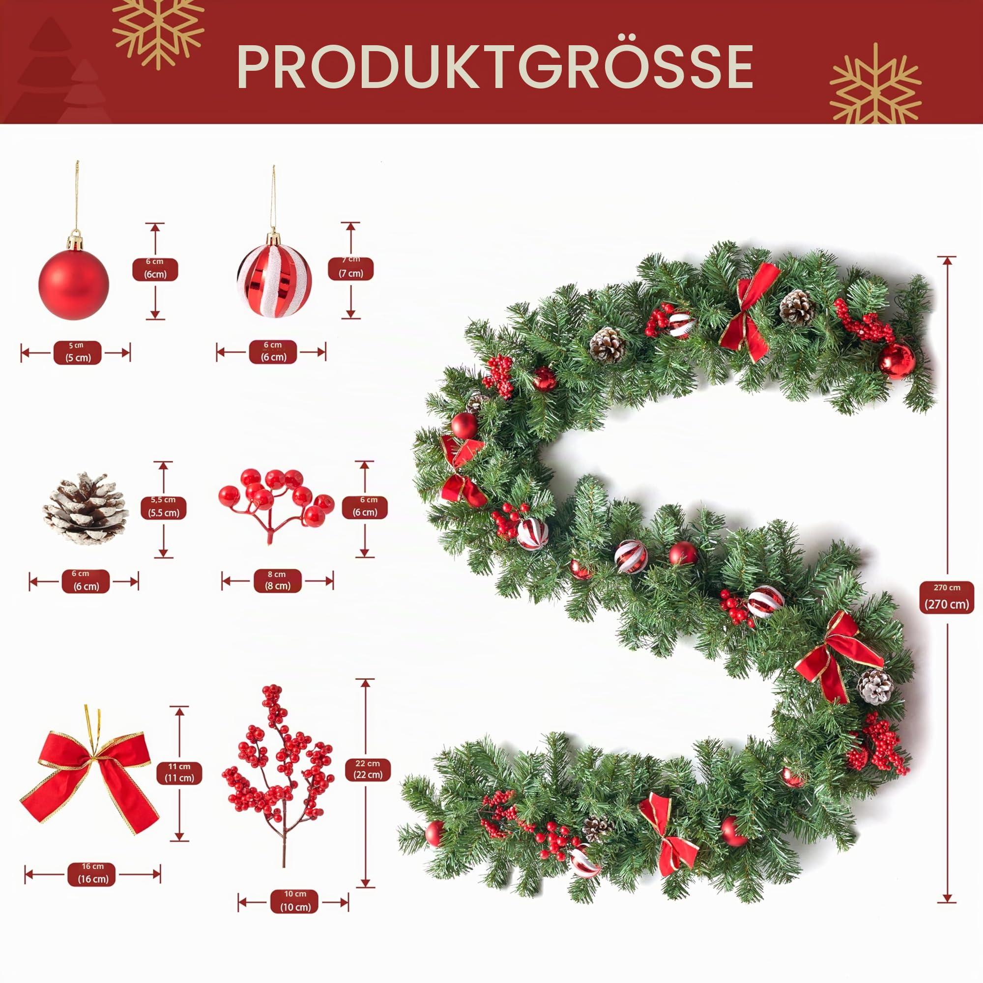 Joiedomi Weihnachtsgirlande mit Lichtern, 50 warmweiße LEDs, Weihnachtsbaumgirlande mit 8 Beleuchtungsmodi, verziert mit Tannenzapfen, Schleifen, Weihnachtskugeln und Beeren für Fenster