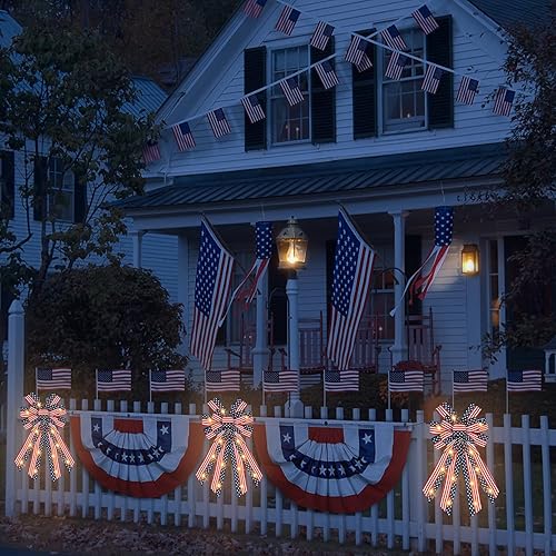 Miniatura 7 de Hying Arcos LED para corona del 4 de julio, lazos de corona patrióticos LED, lazos de arpillera rojo y azul, lazo de banderas estadounidenses con