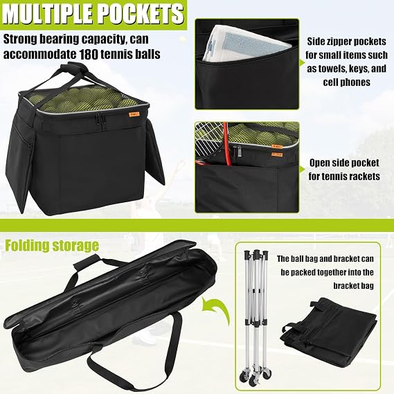 Foldable Tennis Ball Cart | Holds 180 balls Wheeled Tennis Ball Hopper Sports Teaching Carts with Storage Bag, Light Auminum Alloy