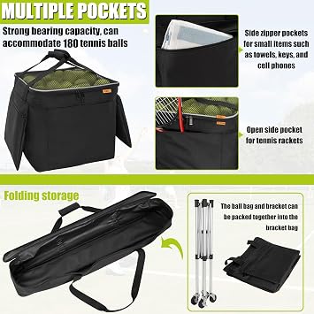Foldable Tennis Ball Cart | Holds 180 balls Wheeled Tennis Ball Hopper Sports Teaching Carts with Storage Bag, Light Auminum Alloy